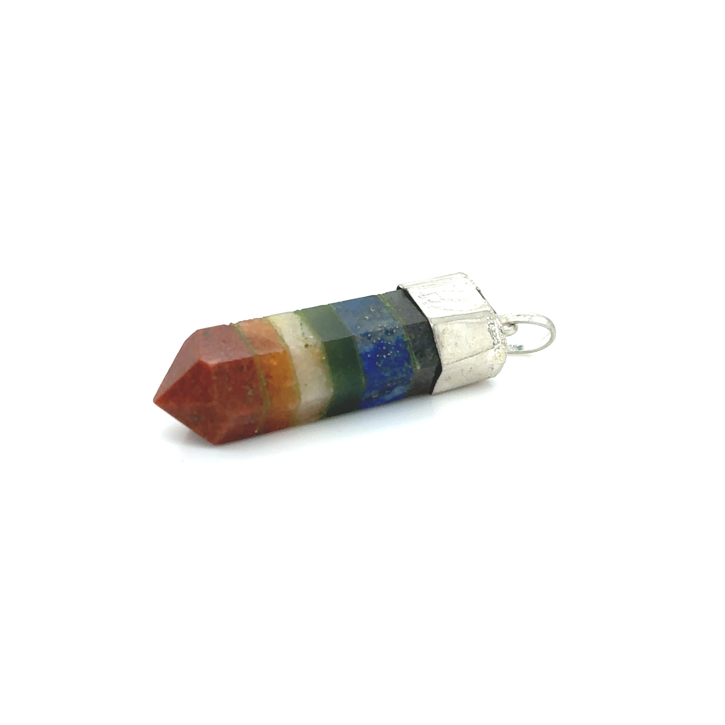 A vibrant Super Silver Chakra Crystal Point Pendant with multi colored stones on a white background.