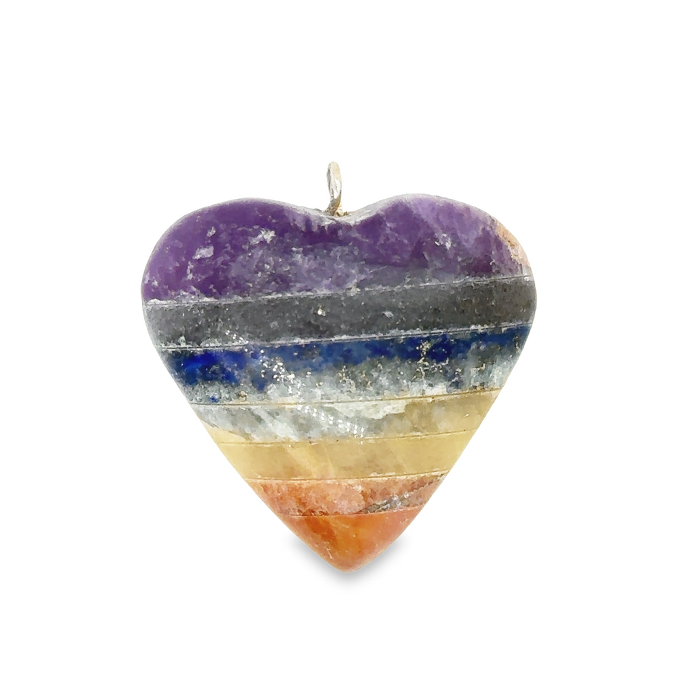 A Super Silver Chakra Stone Heart Pendant adorned with an amethyst heart-shaped stone, exuding love and energy, displayed beautifully on a serene white background.