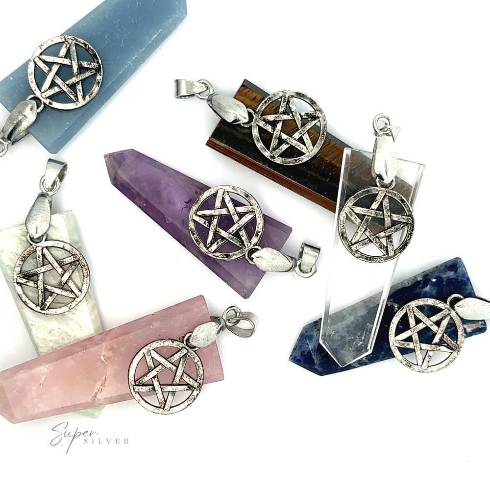 Various Pentagram Stone Slab Pendants are laid out, each with a silver Pentagram charm. Crystals include blue, purple, white, pink, clear, and brown. The image background is white. Some of the pendants feature mixed metals for added detail.