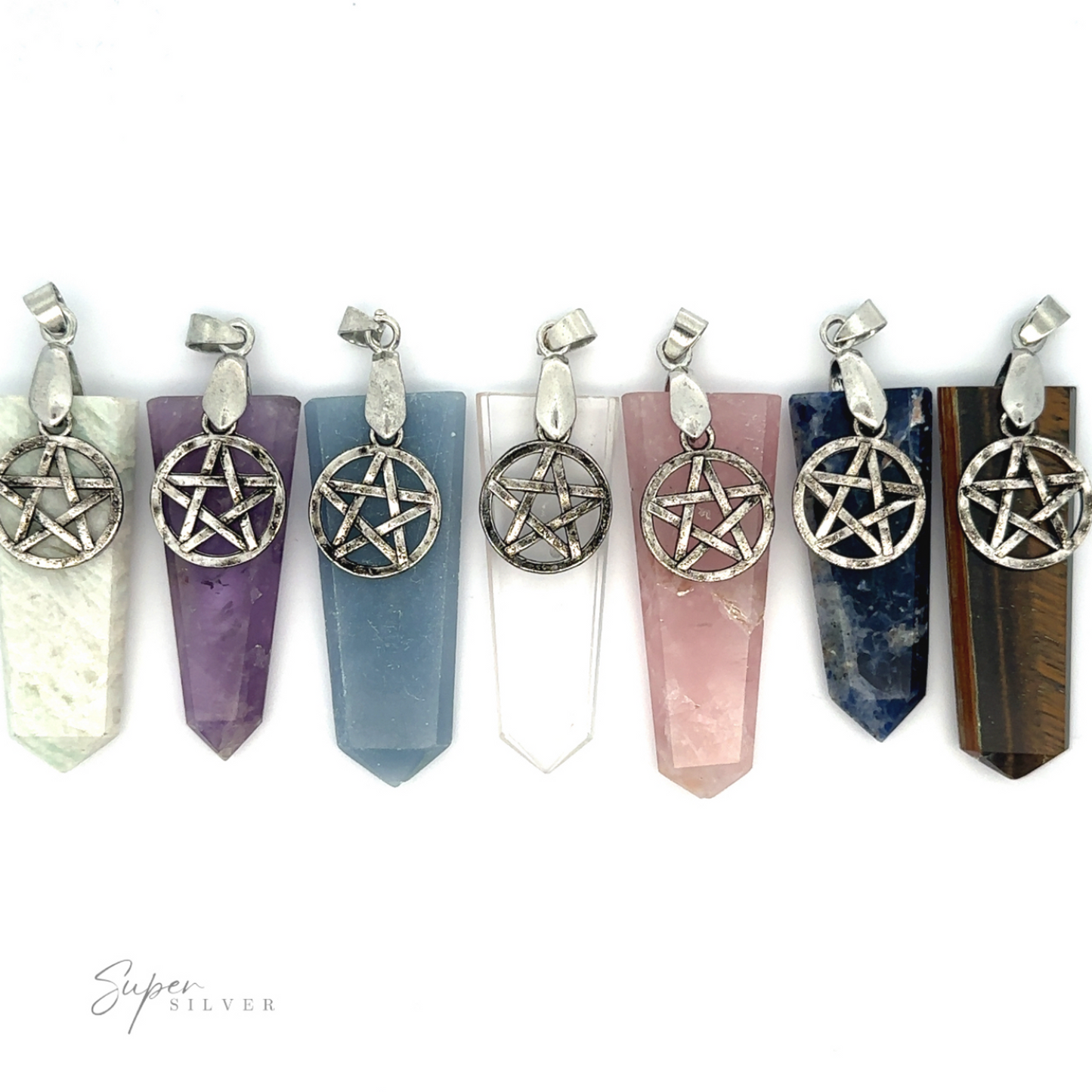 
                  
                    Seven Pentagram Stone Slab Pendants in various colors, each adorned with a mixed metals pentagram charm. Crystals include green, purple, blue, light blue, pink, dark blue, and brown.
                  
                