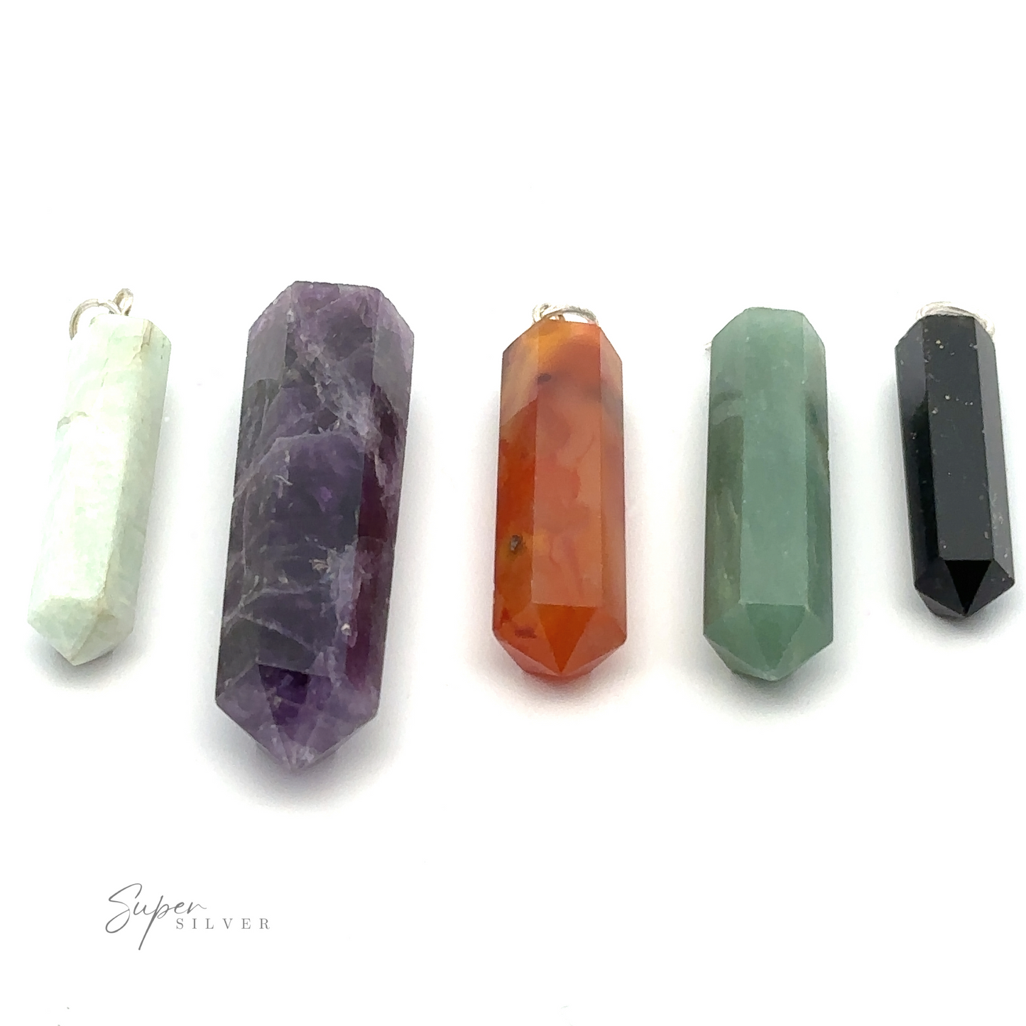 
                  
                    Five hexagonal crystal pendants of varying colors and sizes are arranged in a row against a white background. From left to right, the Raw Stone Obelisk Pendants boast colors of white, purple, orange, green, and black.
                  
                