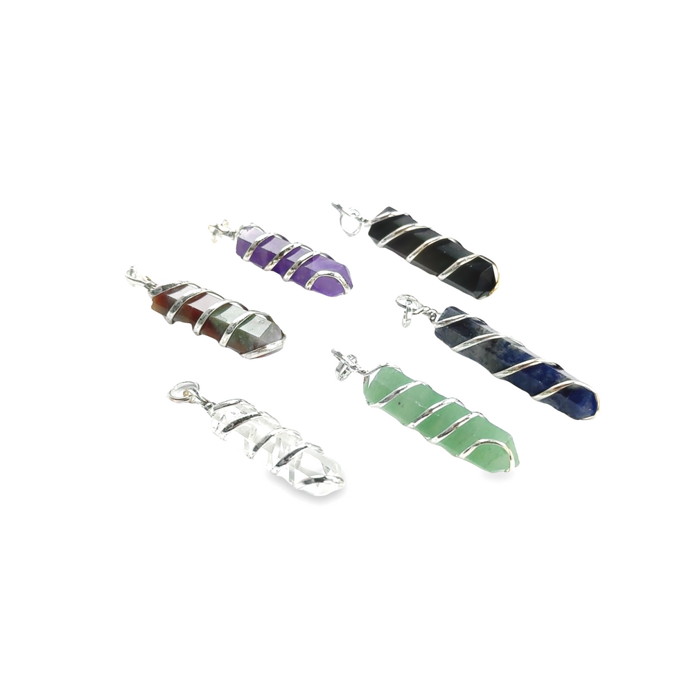 A group of Super Silver Spiral Wire Wrapped Stone Pendants on a white background, perfect for everyday wear.