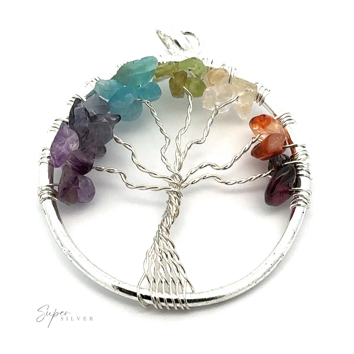 
                  
                    A Wire-Wrapped Chakra Tree of Life Pendant featuring a wire-wrapped tree adorned with colorful gemstone chips that resemble leaves, including purple, blue, green, yellow, orange, and red stones.
                  
                