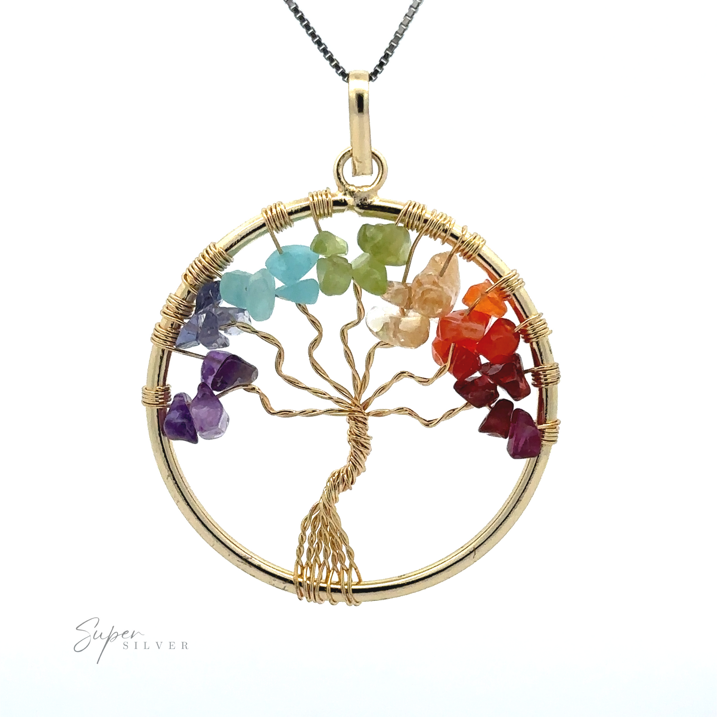 
                  
                    A Wire-Wrapped Chakra Tree of Life Pendant featuring a wire-wrapped tree design with colorful chakra stones representing leaves, all arranged in a circular metal frame. The chain and wire are metallic, and the gemstones form a gradient from green to red.
                  
                