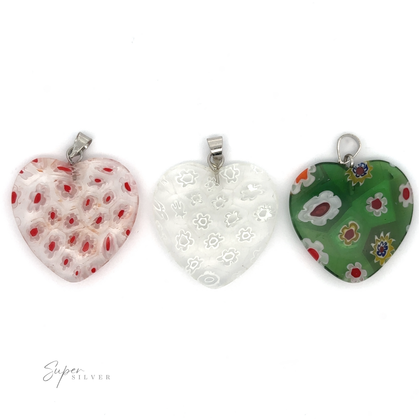 Three Heart Pendants with Flower Patterns are displayed side by side with intricate flower patterns in red, white, and green colors.