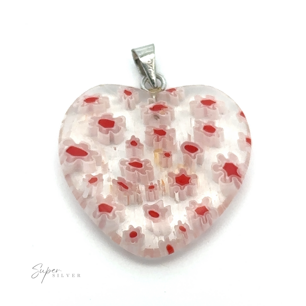 
                  
                    Heart Pendant with Flower Pattern, featuring a translucent resin body and red flower patterns, and a silver bail at the top for attachment.
                  
                