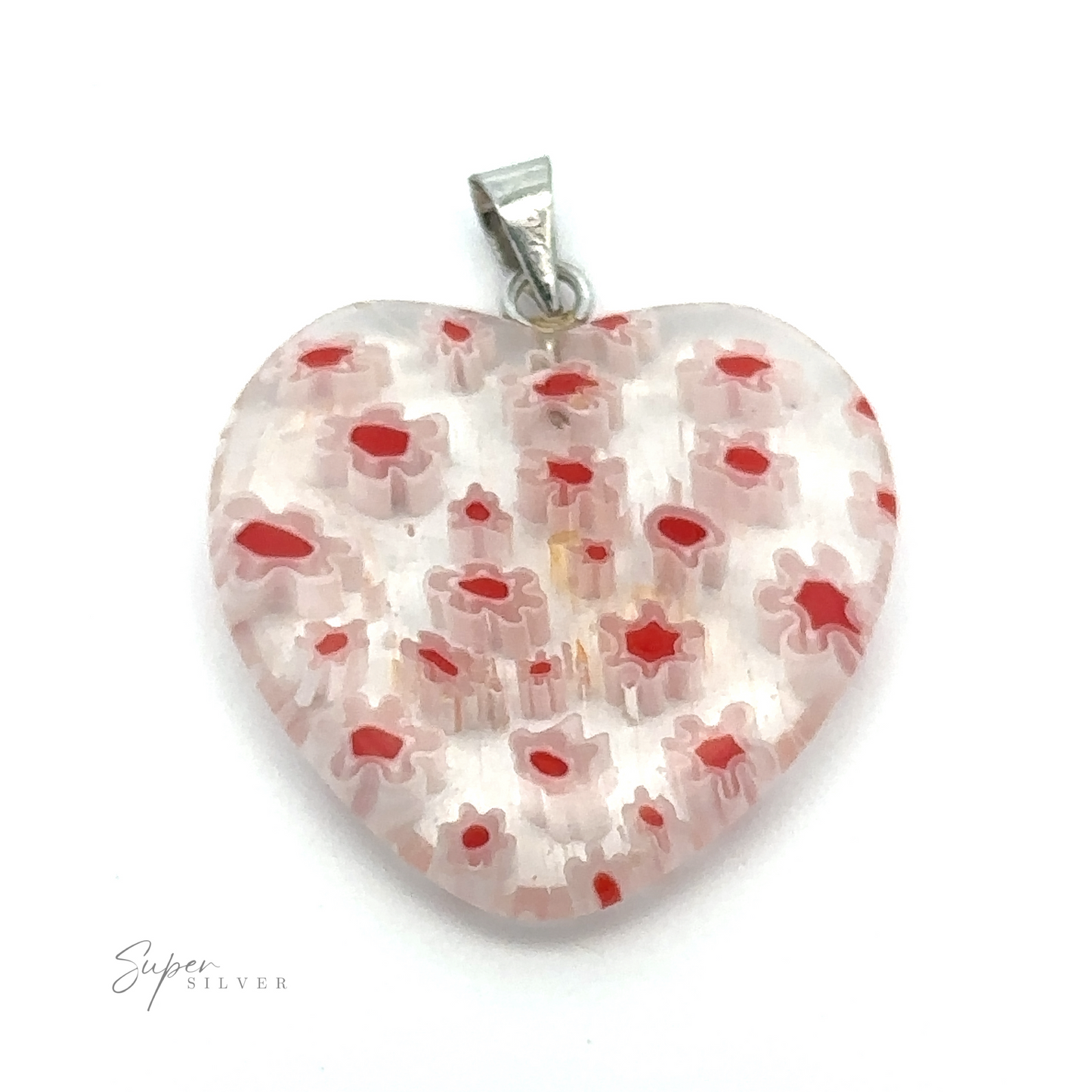
                  
                    Heart Pendant with Flower Pattern, featuring a translucent resin body and red flower patterns, and a silver bail at the top for attachment.
                  
                