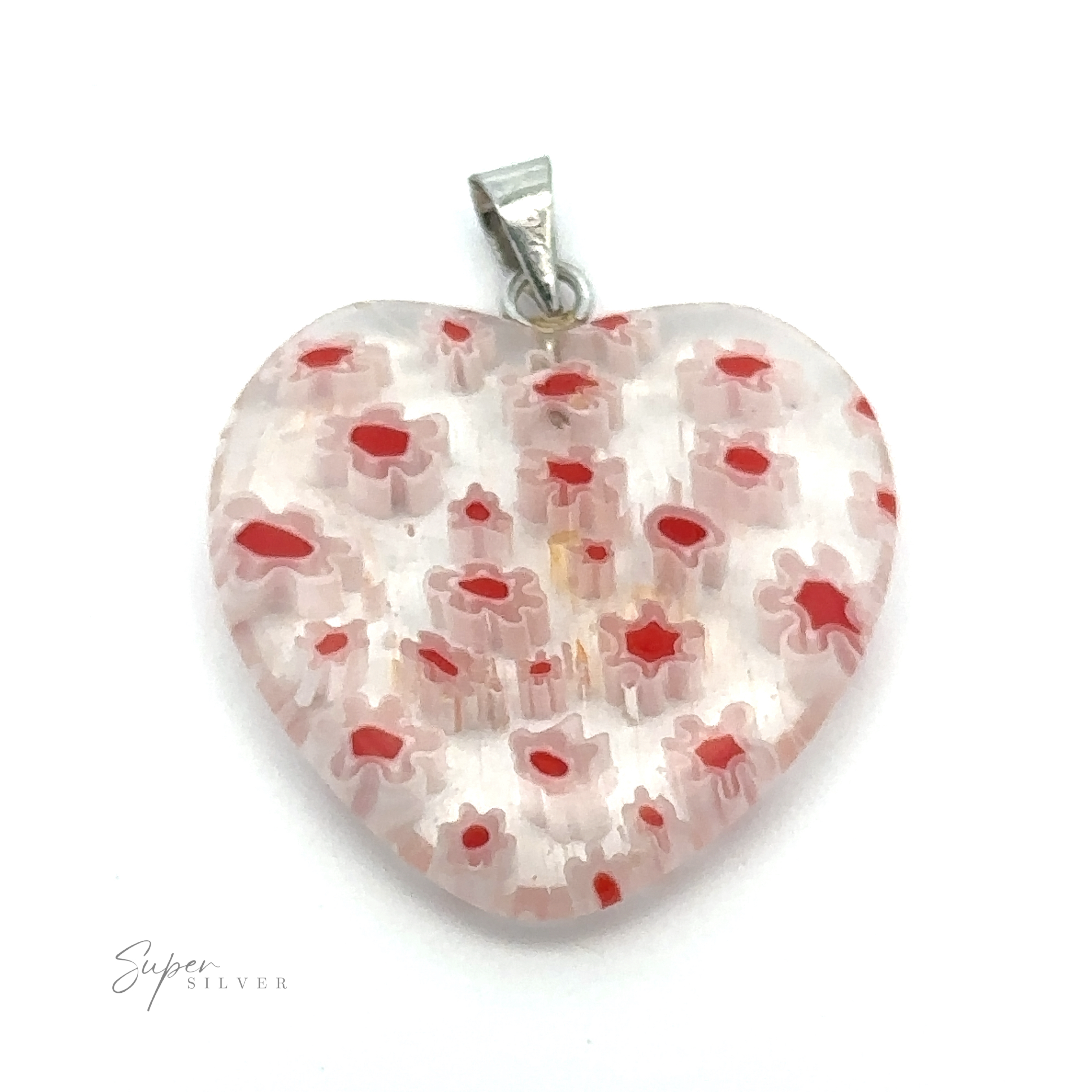 Heart Pendant with Flower Pattern, featuring a translucent resin body and red flower patterns, and a silver bail at the top for attachment.