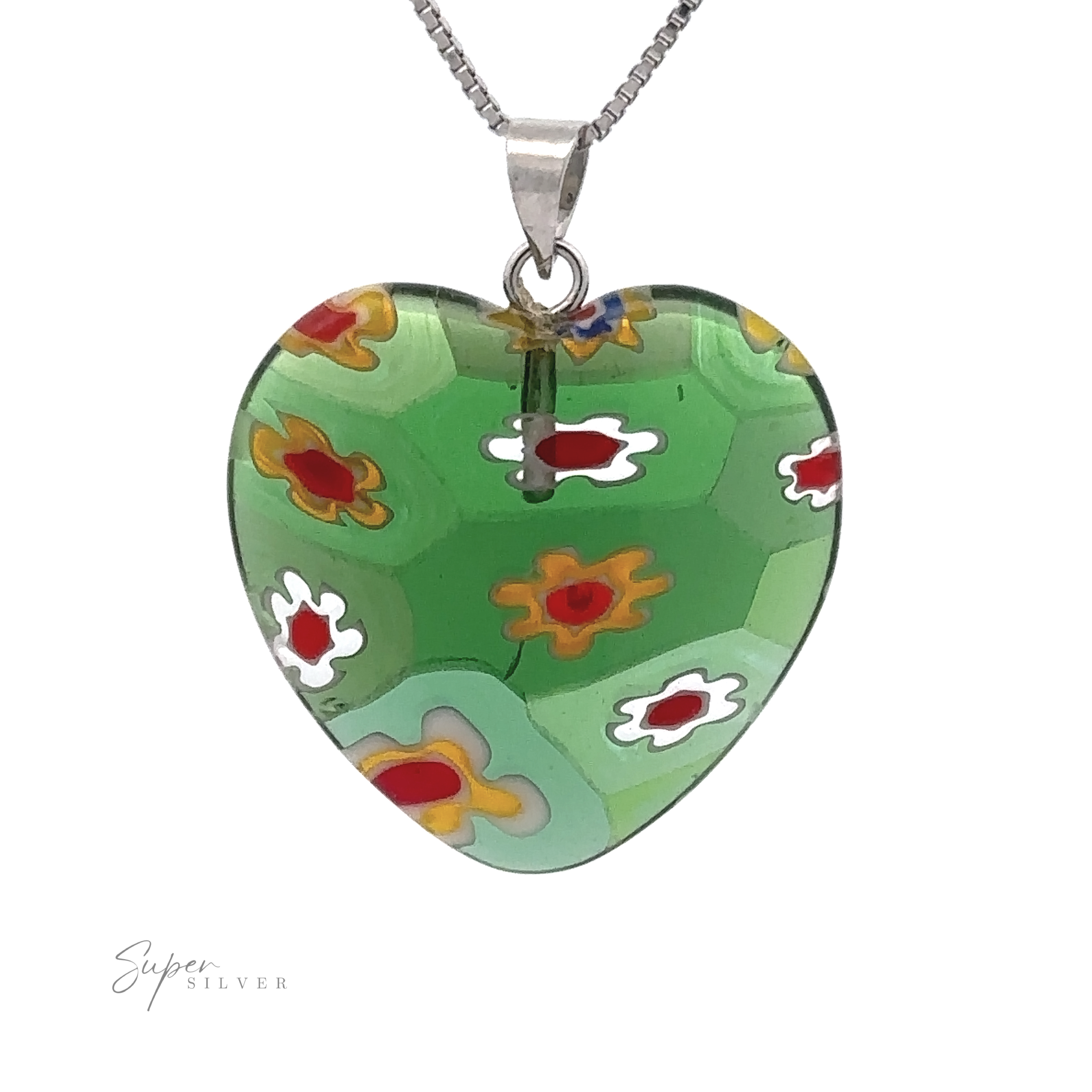 A Heart Pendant with Flower Pattern on a silver chain.