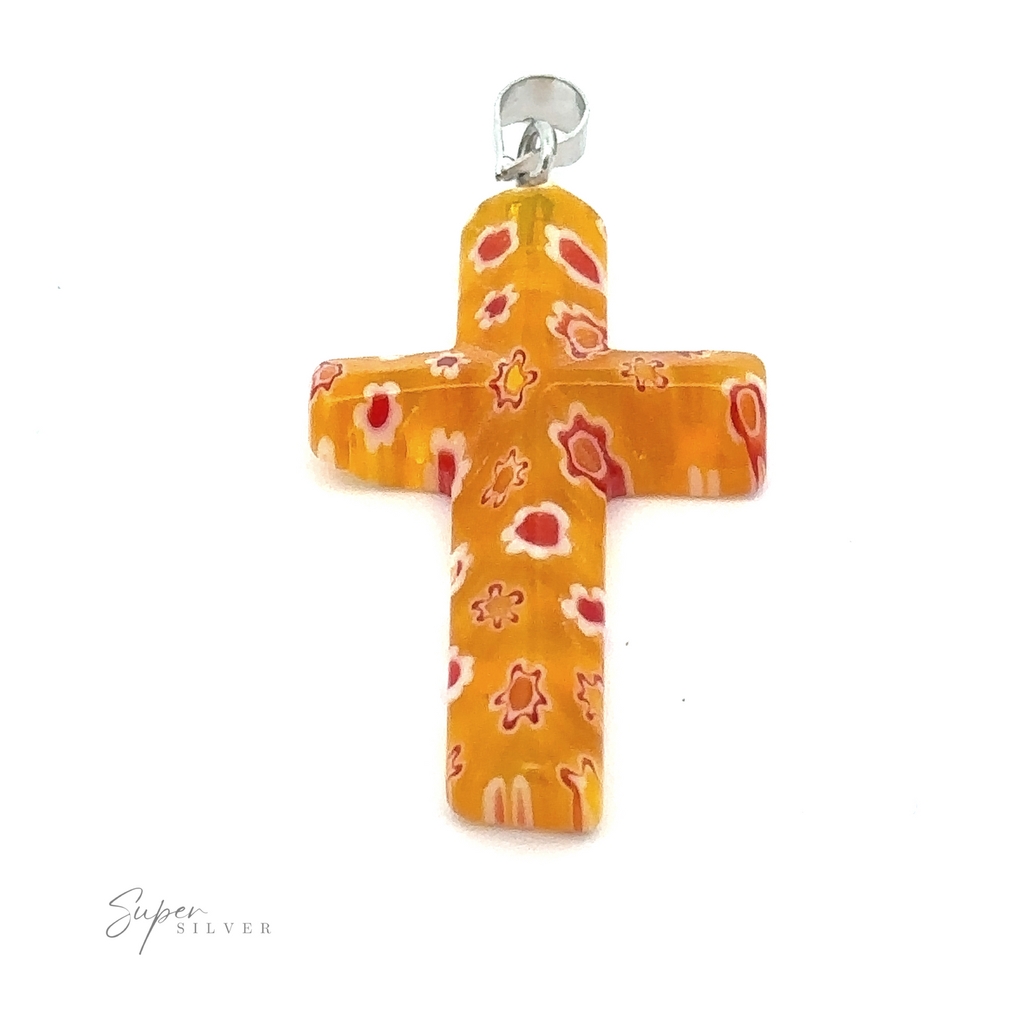
                  
                    A Cross Pendant with Flower Pattern, designed with a delicate flower pattern, is attached to a silver bail and crafted from translucent resin.
                  
                