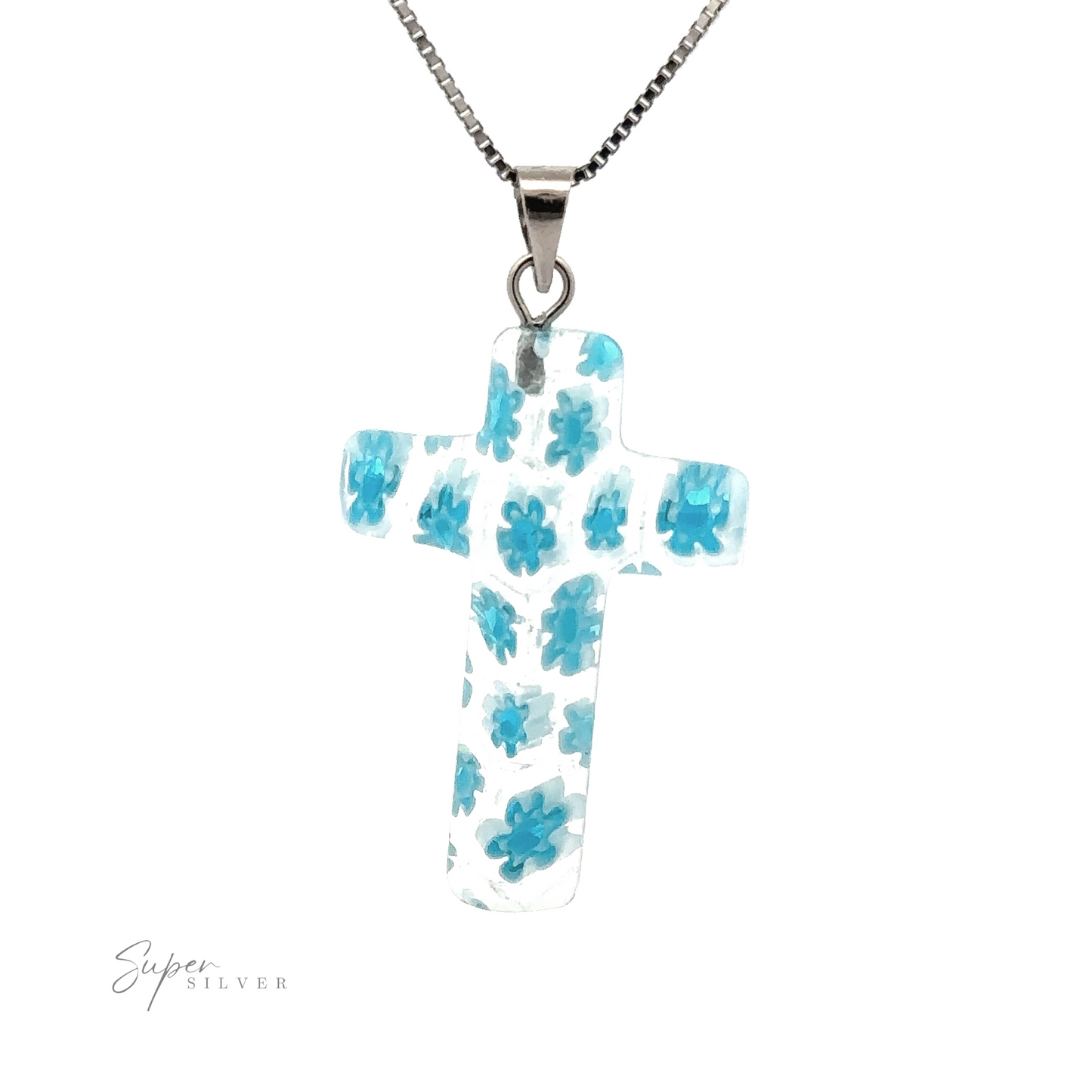 
                  
                    A Cross Pendant with Flower Pattern, hanging on a chain.
                  
                