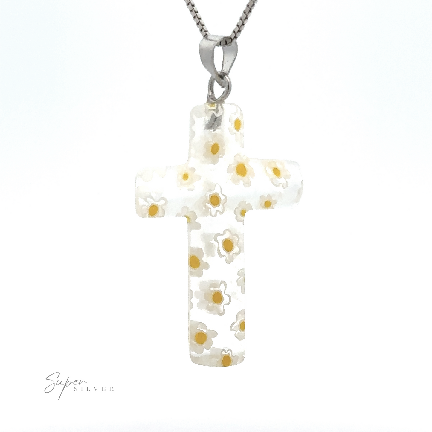 
                  
                    A Cross Pendant with Flower Pattern showcases a beautiful flower pattern with yellow and white blossoms, all elegantly suspended on a mixed metals chain.
                  
                