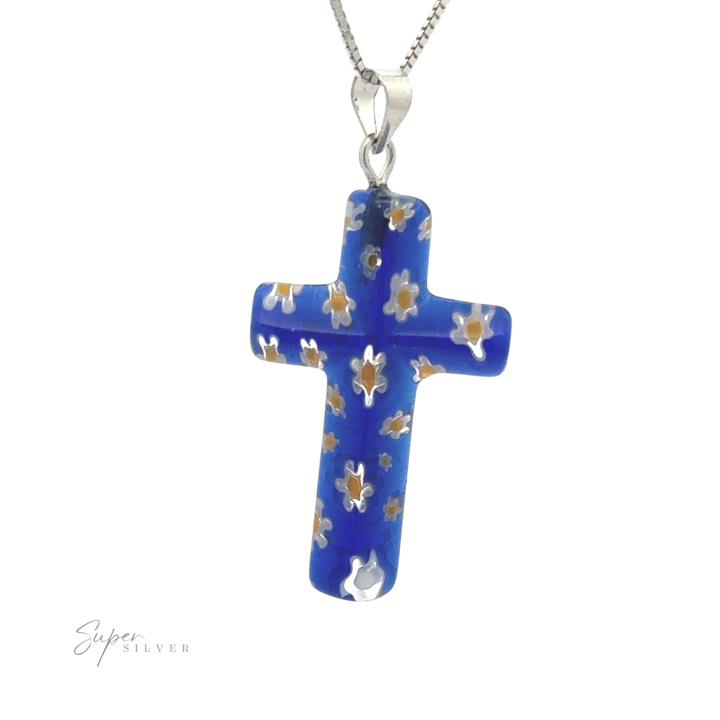 
                  
                    A Cross Pendant with Flower Pattern hangs from a silver chain necklace. The brand name "Super Silver" is visible in the bottom left corner, highlighting its quality craftsmanship.
                  
                