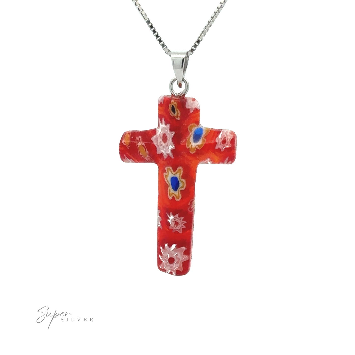 
                  
                    A silver chain necklace with a Cross Pendant with Flower Pattern.
                  
                