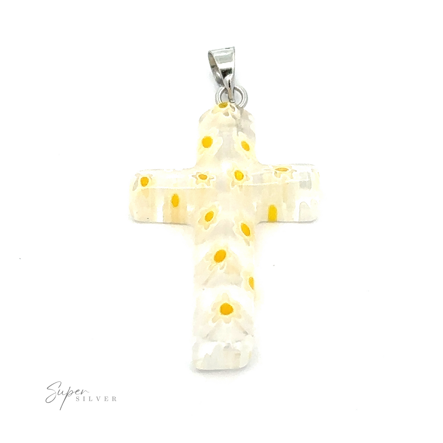 
                  
                    A Cross Pendant with Flower Pattern crafted from translucent resin with yellow floral patterns and a small metal loop for attaching to a chain. The background is plain white.
                  
                