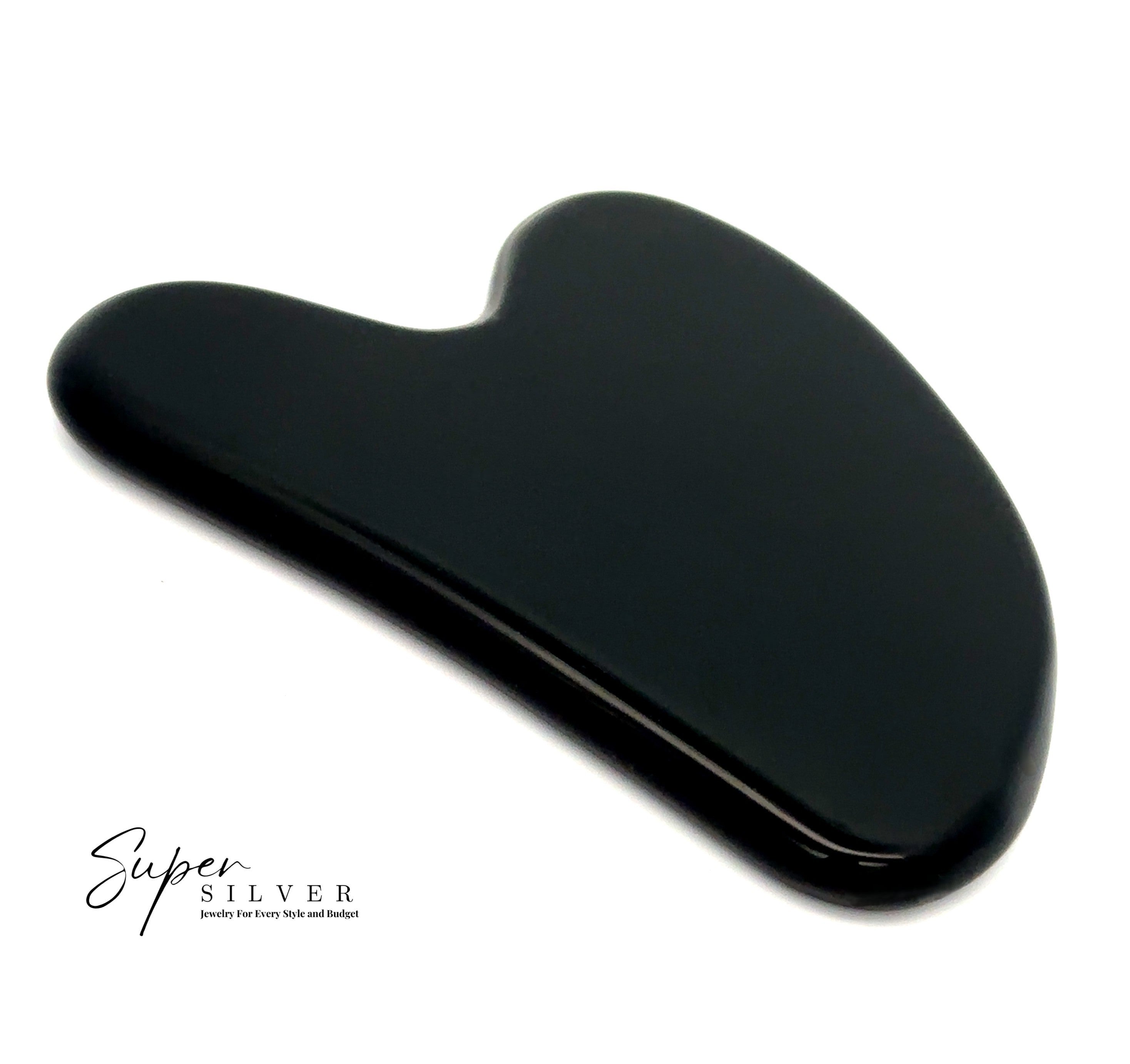 The Stone Gua Sha is a black facial massage tool crafted from genuine gemstones, featuring a smooth, curved design on a white background. “Super Silver” branding is in the lower left—ideal for self-care routines.