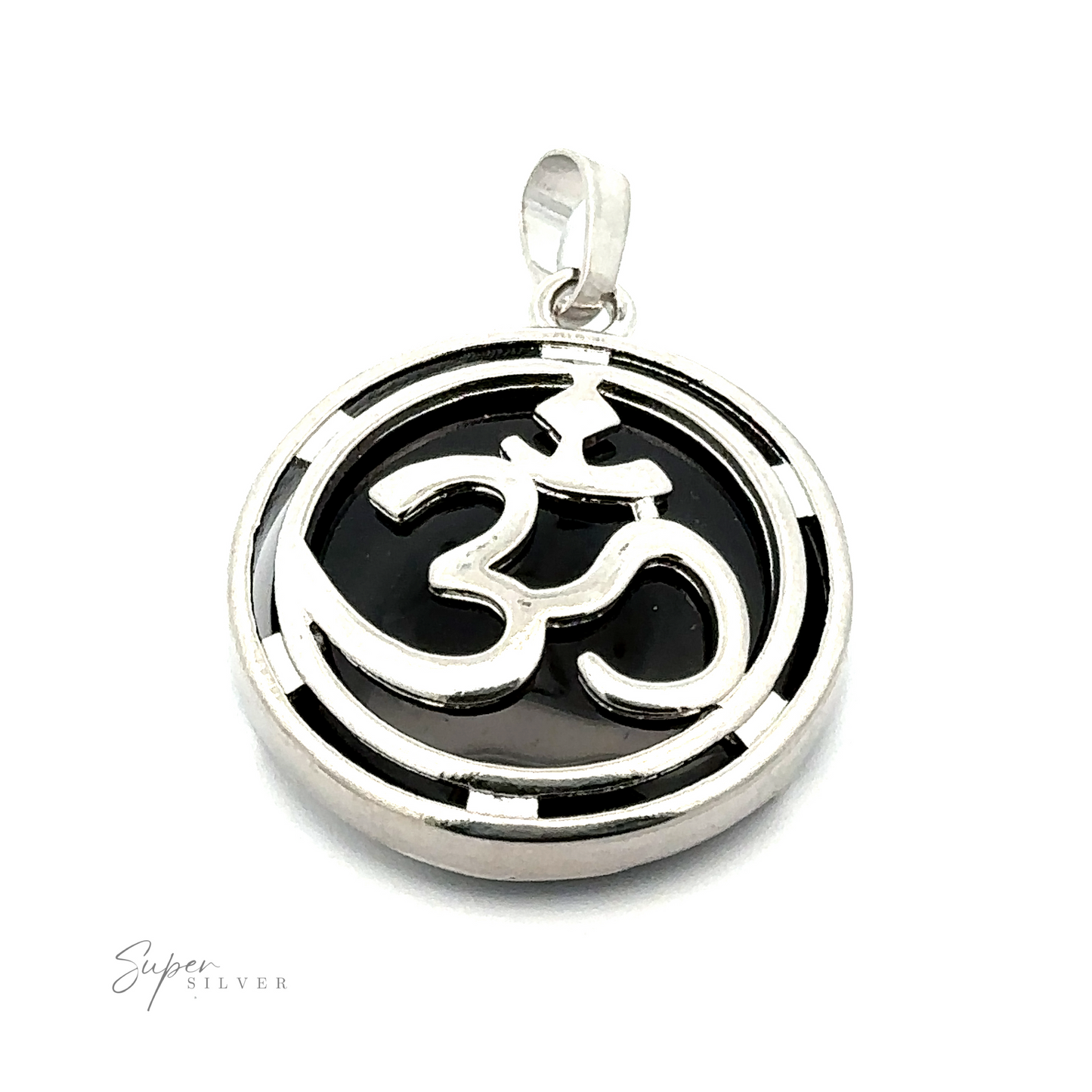 
                  
                    A silver and black pendant featuring an elegant Om Pendant in the center. The brand name "Super Silver" is subtly inscribed in the bottom left corner, blending Mixed Metals for a unique touch.
                  
                
