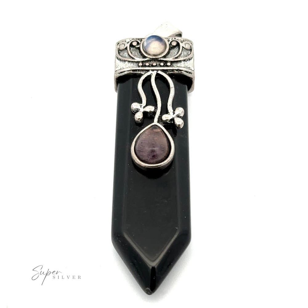 
                  
                    A black gemstone pendant with a pointed tip, adorned with two smaller stones in an ornate silver setting. The upper stone is round Opalite, and the lower stone is a teardrop-shaped Amethyst, giving this Obelisk Crystal Stone Pendant a unique and enchanting charm.
                  
                