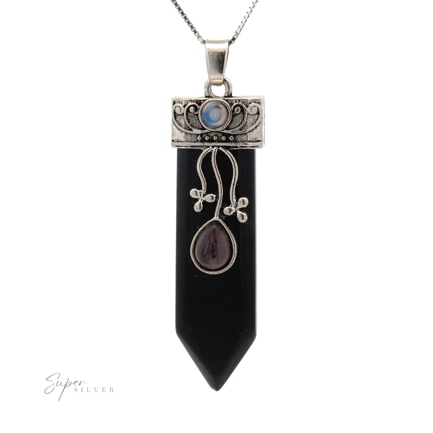 
                  
                    A metallic pendant featuring intricate designs and gemstones, with a pointed black stone hanging from a delicate chain. This Obelisk Crystal Stone Pendant exudes elegance and charm.
                  
                