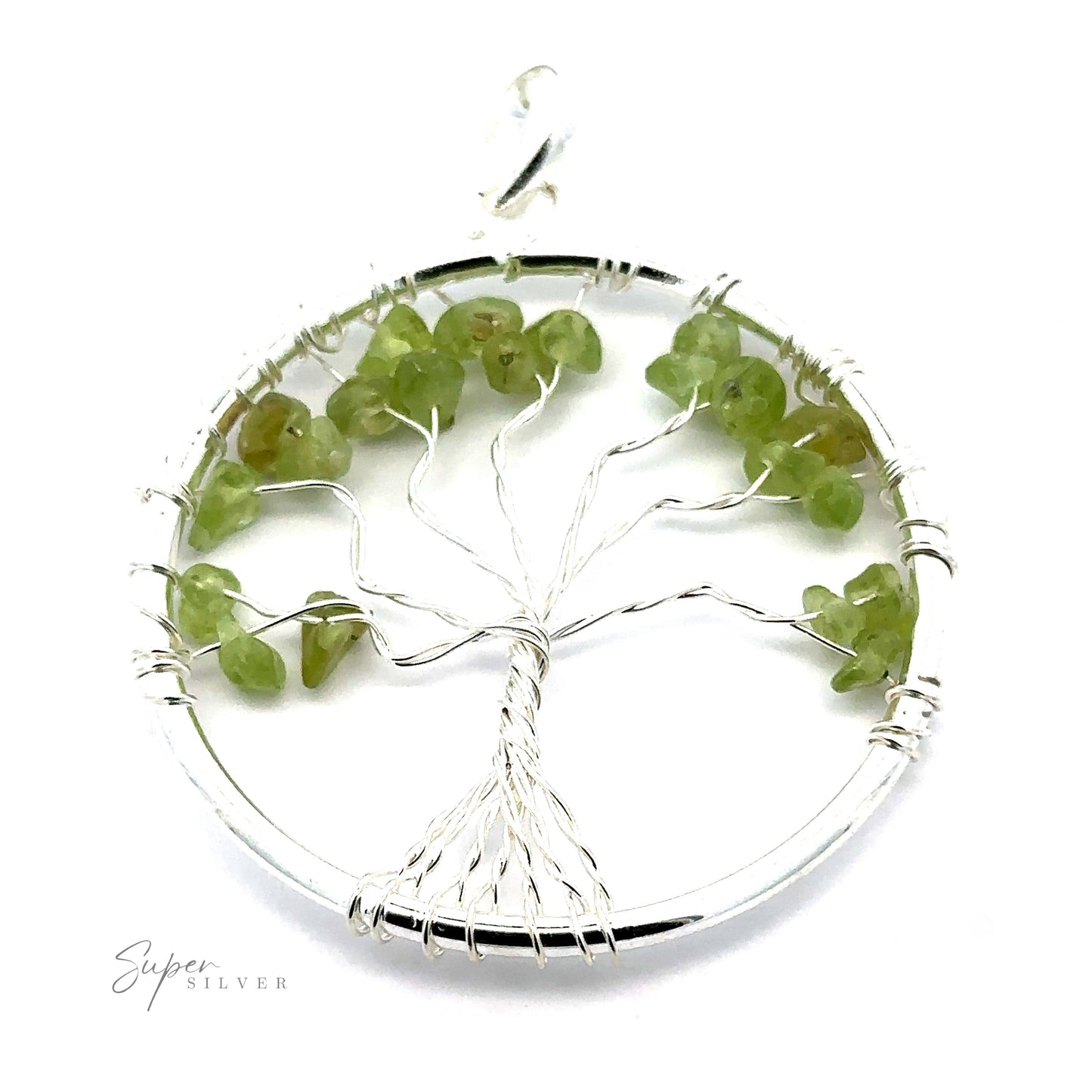 
                  
                    A stunning Wire Wrapped Tree of Life Pendant with Stones features small green gemstones as leaves, all housed in a circular metal frame against a plain white background. "Super Silver" is elegantly inscribed in the bottom left corner.
                  
                