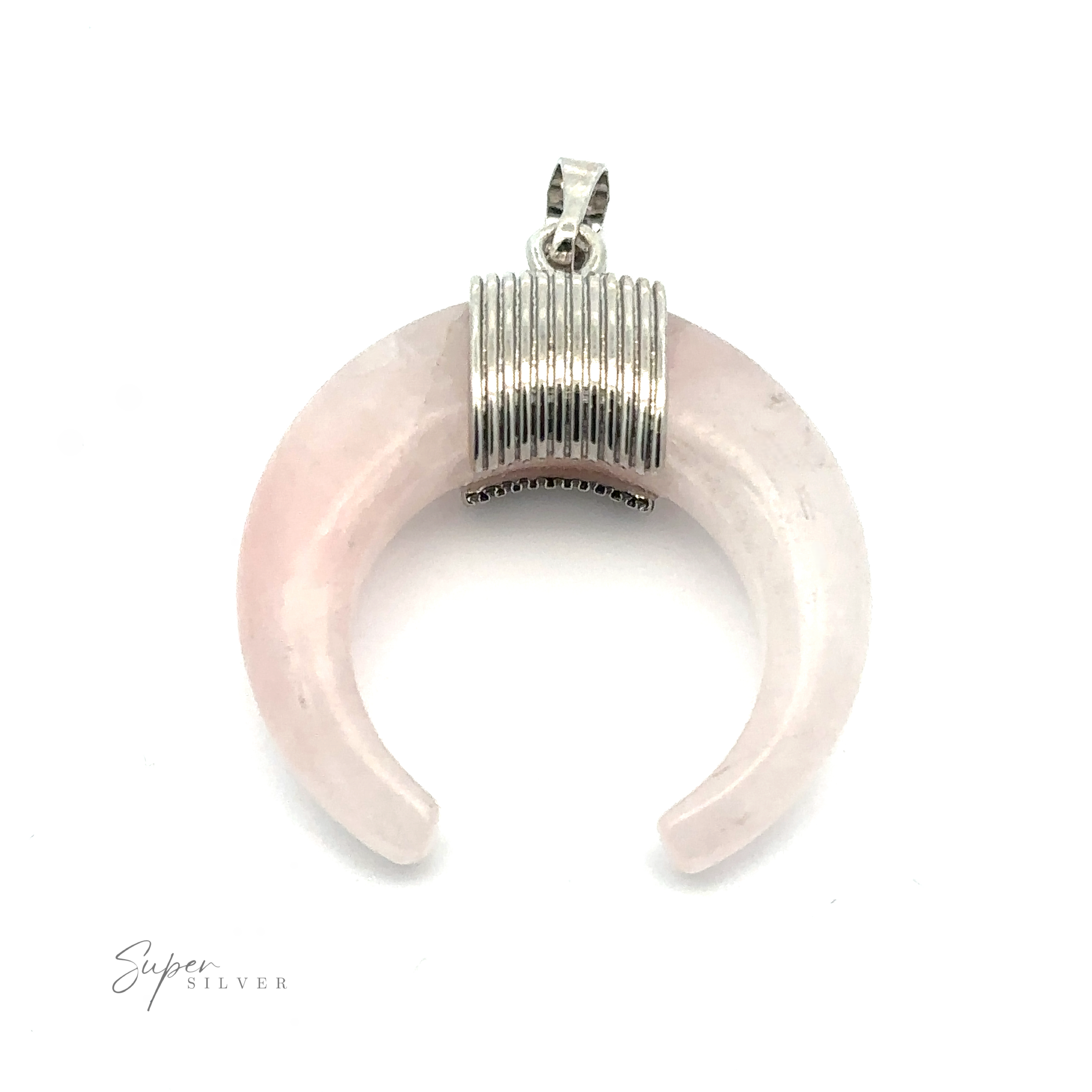 A stunning Naja Stone Pendant featuring a crescent moon-shaped pink stone encased in mixed metals with a ribbed metal holder and a top loop for a chain. The background is white.