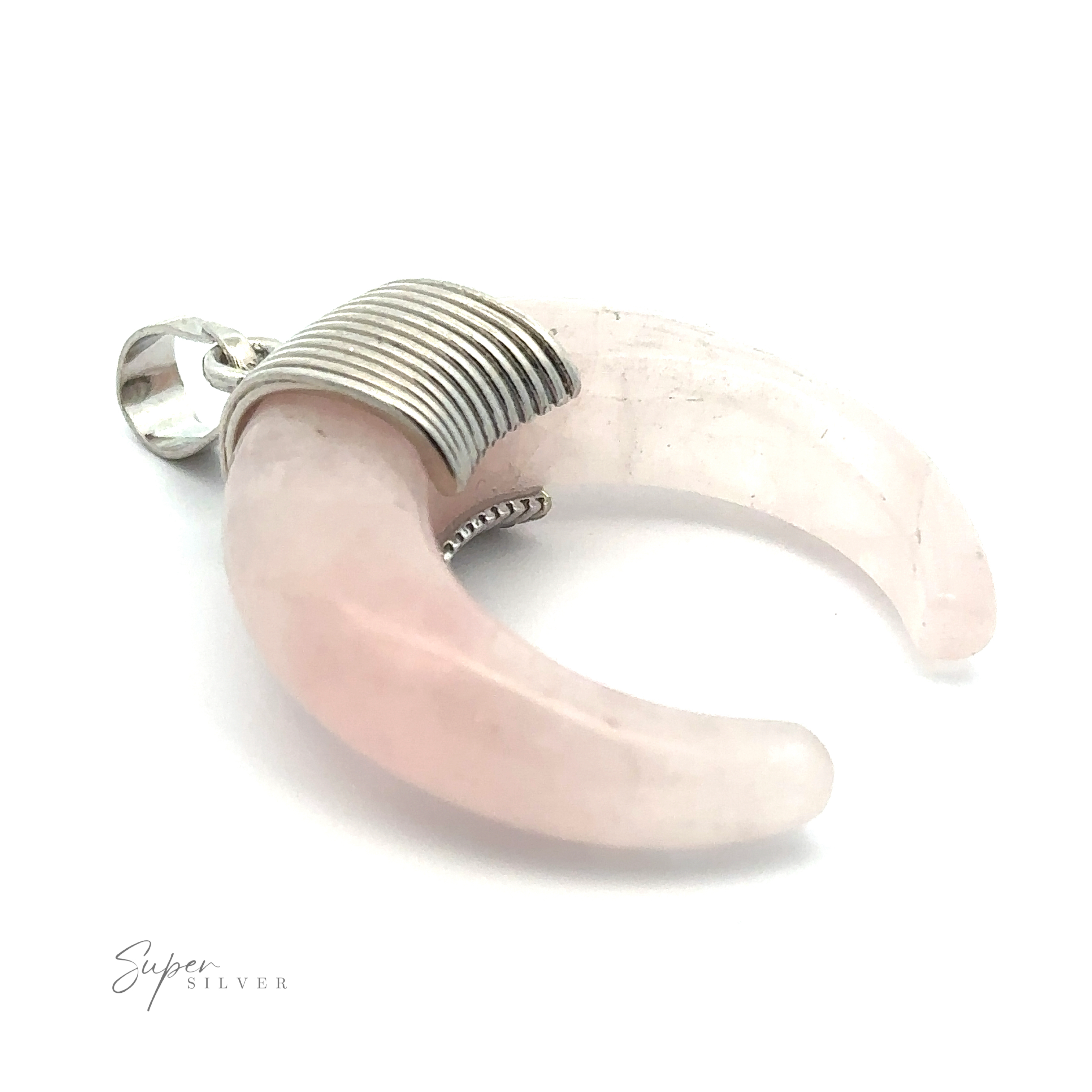 A crescent-shaped pink Naja Stone Pendant wrapped in mixed metals with a silver bail for attaching to a chain.