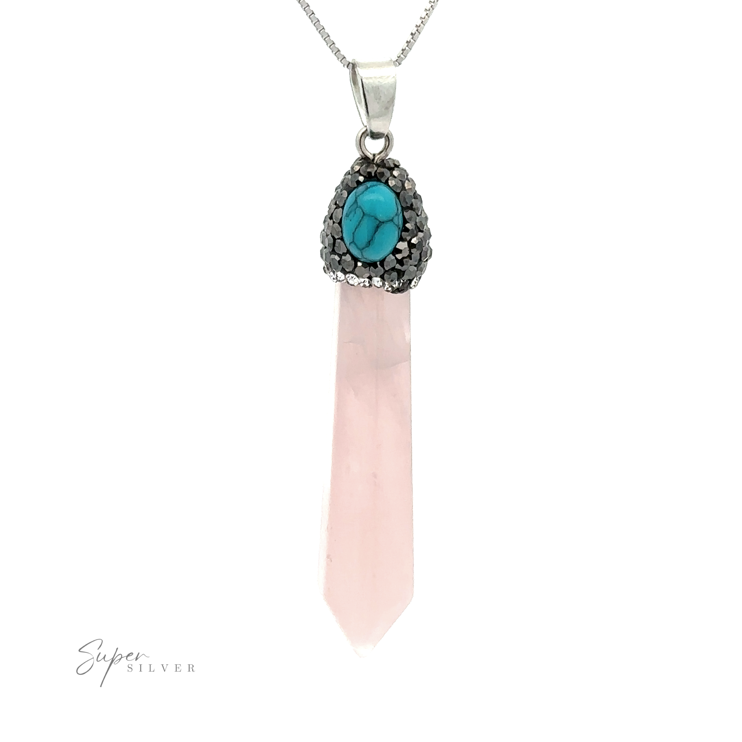 A long Stone Obelisk Pendant with a pink crystal and turquoise stone set in silver at the top, accented with hematite beads, hanging from a thin silver chain.