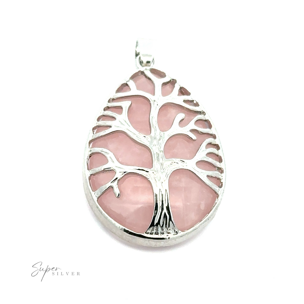 A Teardrop Shape Stone with Silver Plated Tree Of Life Pendant. The bottom left corner features the 