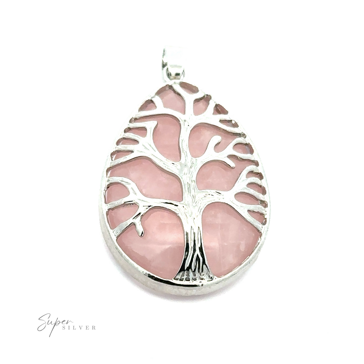 A Teardrop Shape Stone with Silver Plated Tree Of Life Pendant. The bottom left corner features the "Super Silver" logo in cursive.