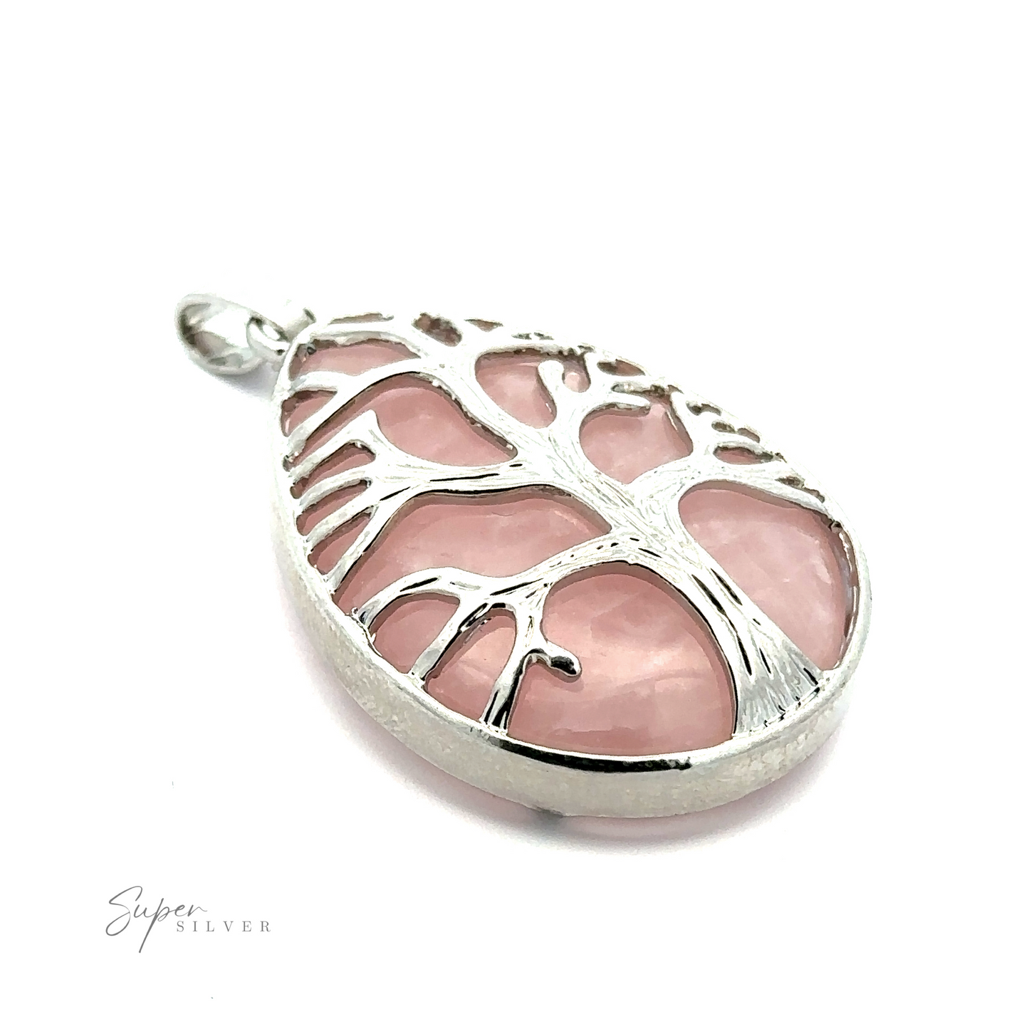 A Teardrop Shape Stone with Silver Plated Tree Of Life Pendant in the shape of a tree with pink stone infill, placed on a white background. The inscription "Super Silver" is visible at the bottom left corner.