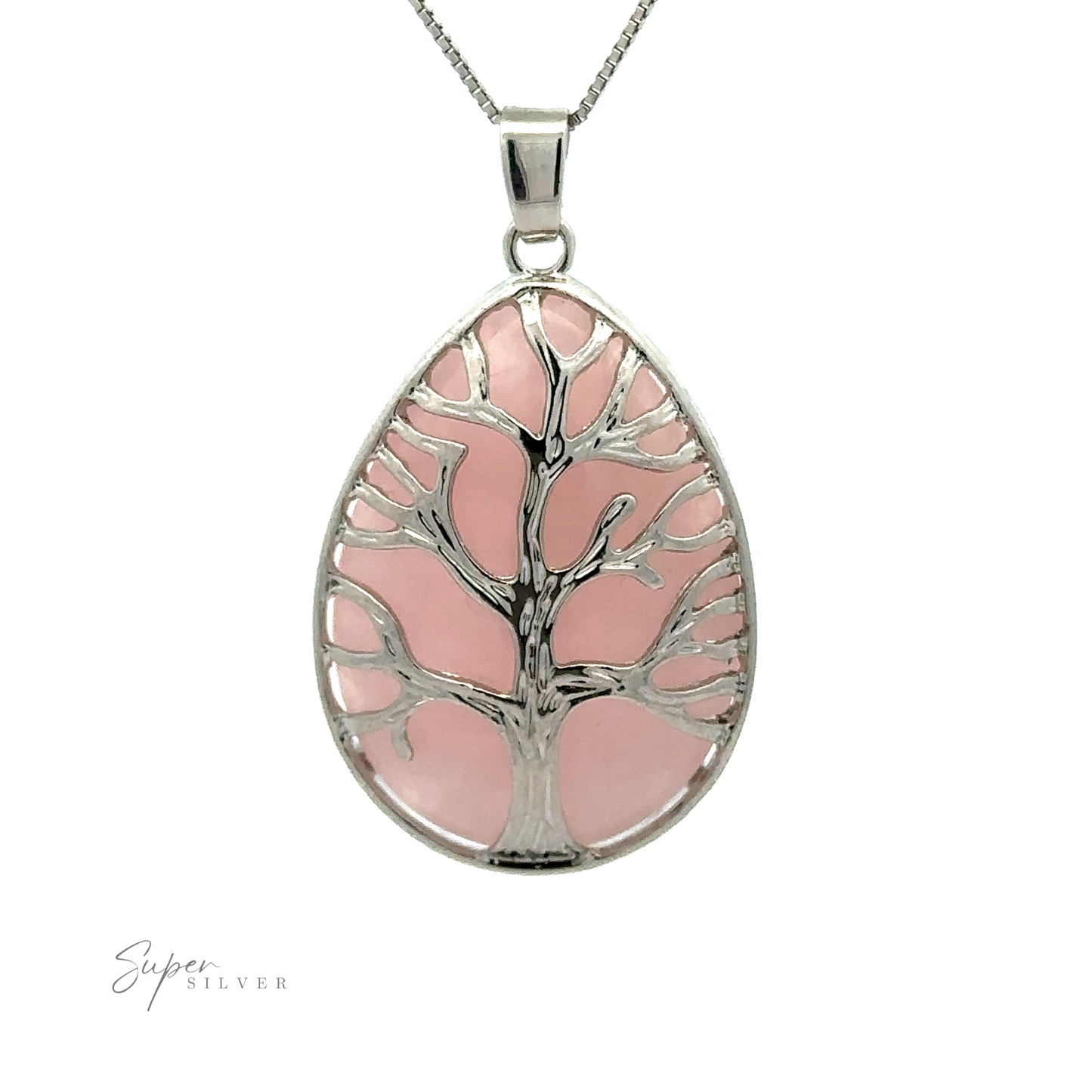 
                  
                    A silver necklace features a Teardrop Shape Stone with Silver Plated Tree Of Life Pendant design over a teardrop-shaped Rose Quartz pendant, displayed against a white background. The logo "Super Silver" is visible in the bottom left corner.
                  
                