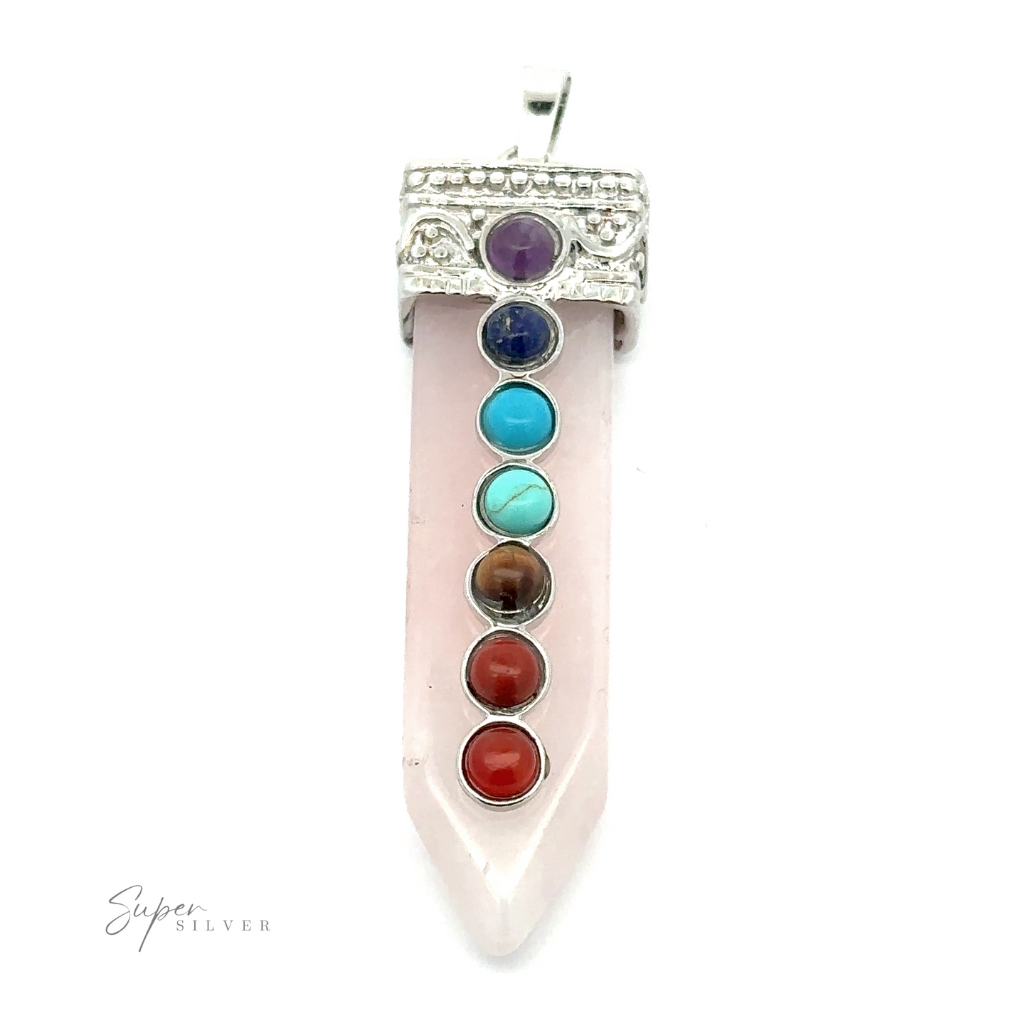 
                  
                    A beautiful Obelisk Crystal Pendant with Small Chakra Stones, topped with silver detailing and adorned with seven chakra stones aligned vertically.
                  
                