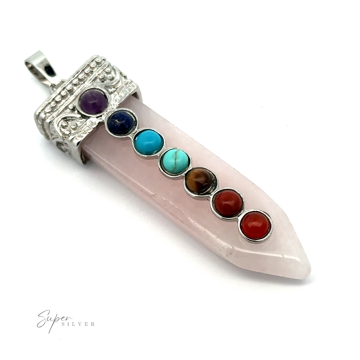 
                  
                    A stunning Obelisk Crystal Pendant with Small Chakra Stones featuring a pointed light pink crystal adorned with seven colorful chakra stones set vertically in a silver-plated decorative cap with a loop for a chain.
                  
                