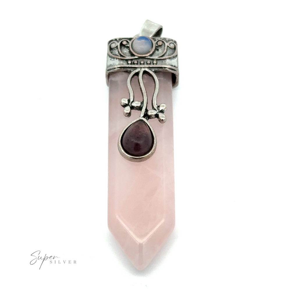 
                  
                    A Boho Obelisk Crystal Stone Pendant with a pink stone point, adorned with silver details and additional smaller stones, featuring a hook for attachment. The inscription reads "Super Silver.
                  
                