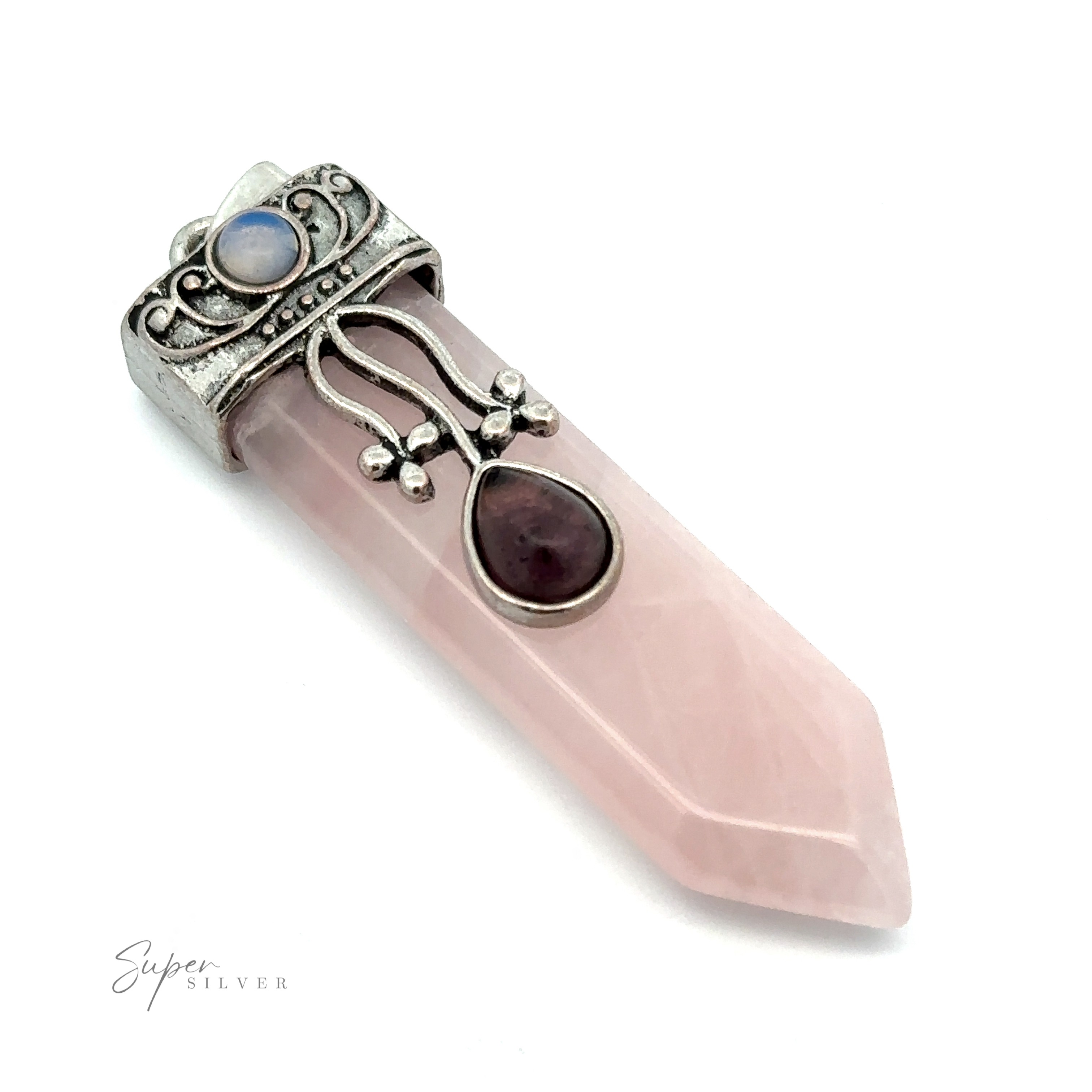 A pink crystal pendant with silver metal accents, featuring a round amethyst stone near the top and intricate silver designs. This Obelisk Crystal Stone Pendant is angled, showcasing its pointed end.