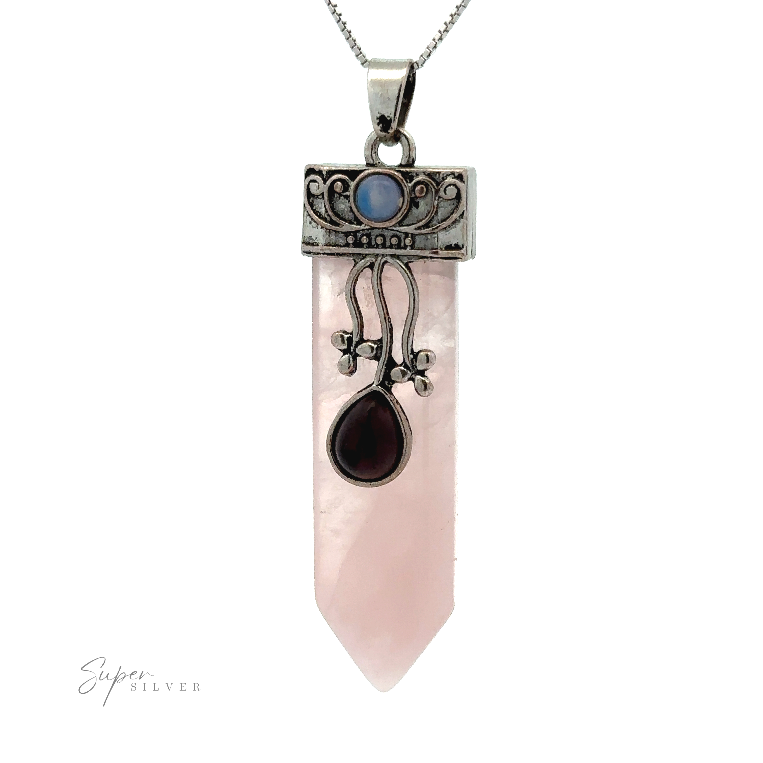 A silver Obelisk Crystal Stone Pendant featuring a pink crystal with intricate metal and gemstone detailing at the top, embodying a boho crystal stone pendant style.