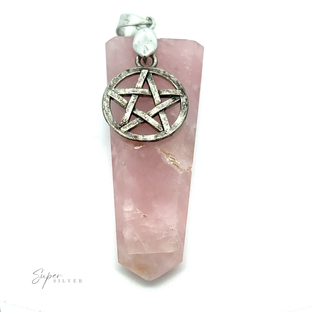 
                  
                    A pink crystal pendant with a silver pentagram charm is displayed against a white background. The "Pentagram Stone Slab Pendant" logo is visible at the bottom left of the image, emphasizing the artistry of mixed metals in this elegant piece.
                  
                
