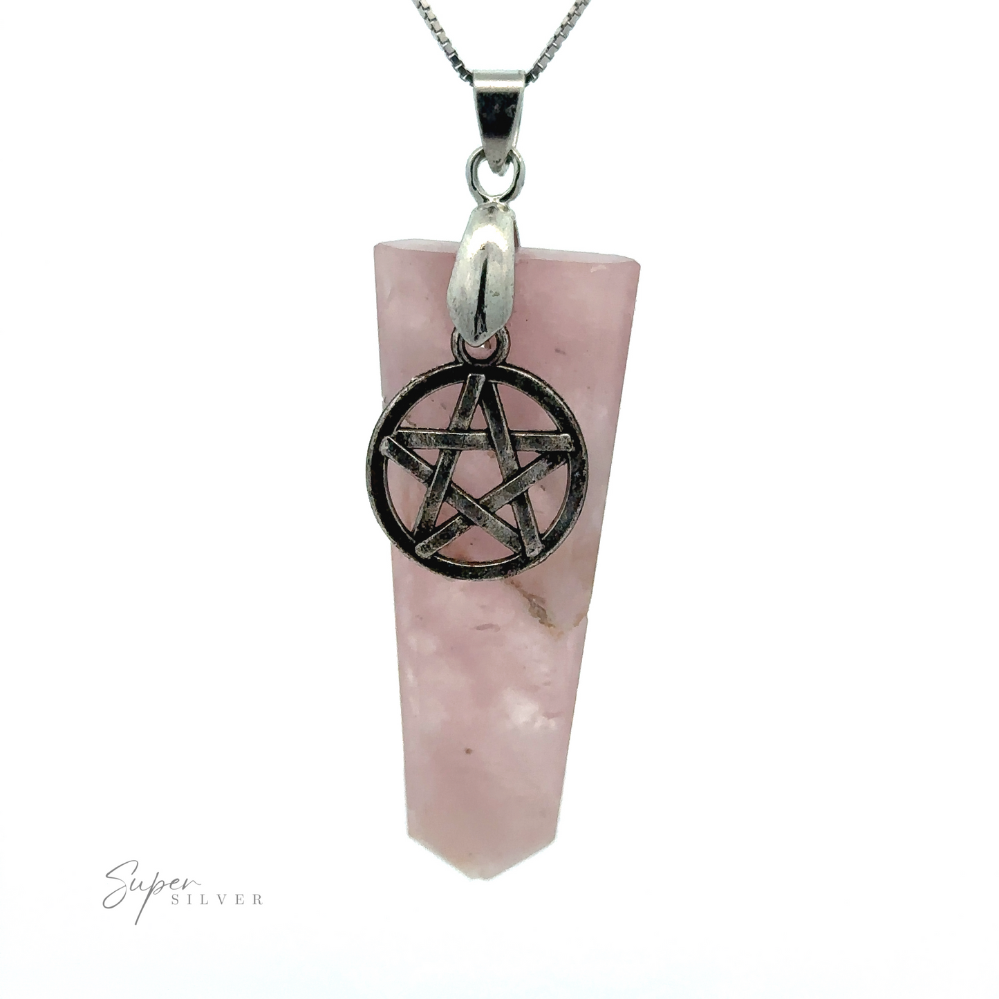 
                  
                    A Pentagram Stone Slab Pendant featuring a pink crystal point and a mixed metals pentagram charm hanging from a thin chain.
                  
                