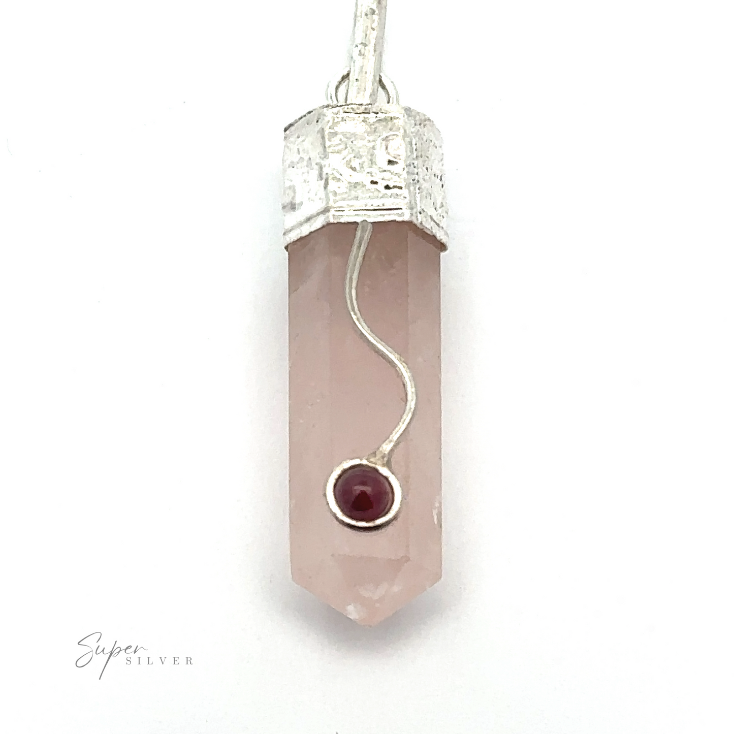 
                  
                    A Crystal Pendant with Decorative Bail featuring a hexagonal pink crystal with a silver cap, accented by a small garnet detail embedded in the silver, hanging from a sleek silver bail.
                  
                