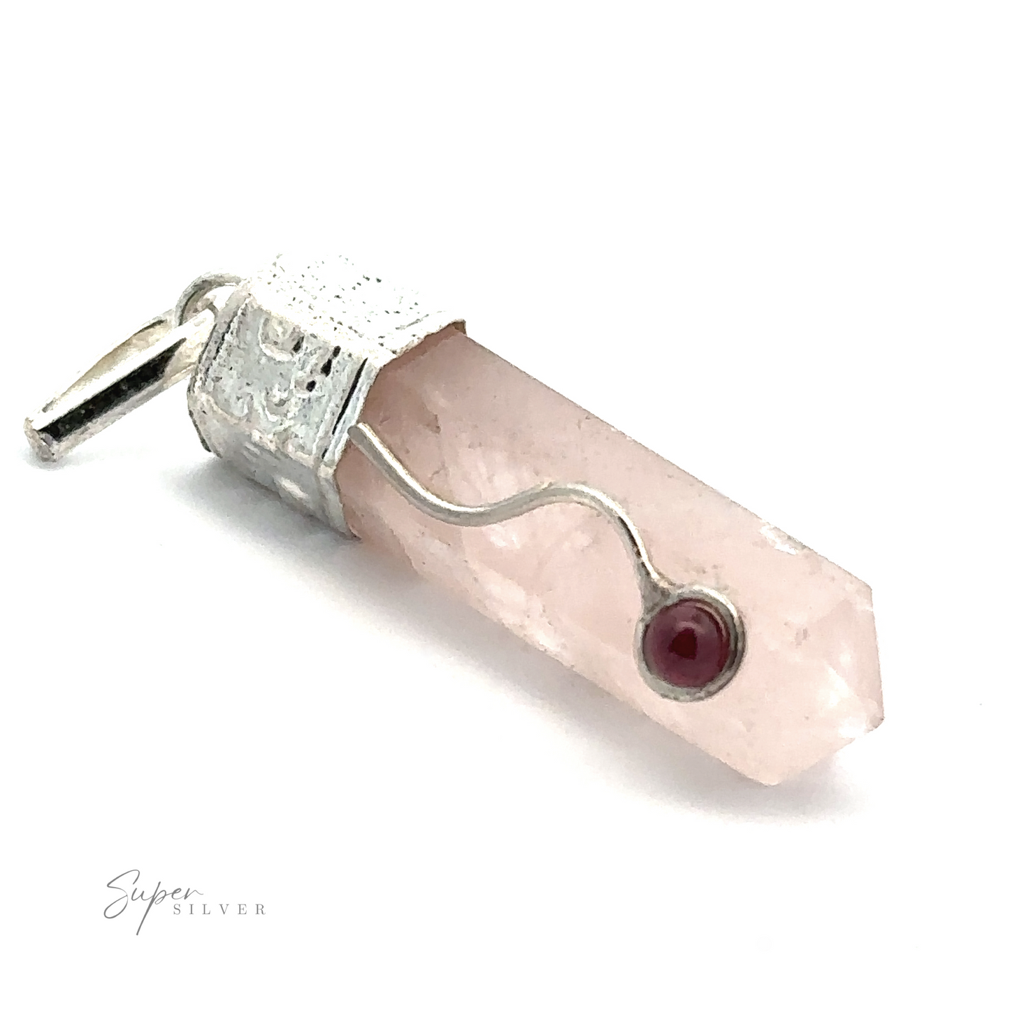 
                  
                    A pale pink Crystal Pendant with Decorative Bail with a pointed end, silver cap, and a small garnet detail attached by a silver wire. The brand "Super Silver" is visible on the bottom left.
                  
                