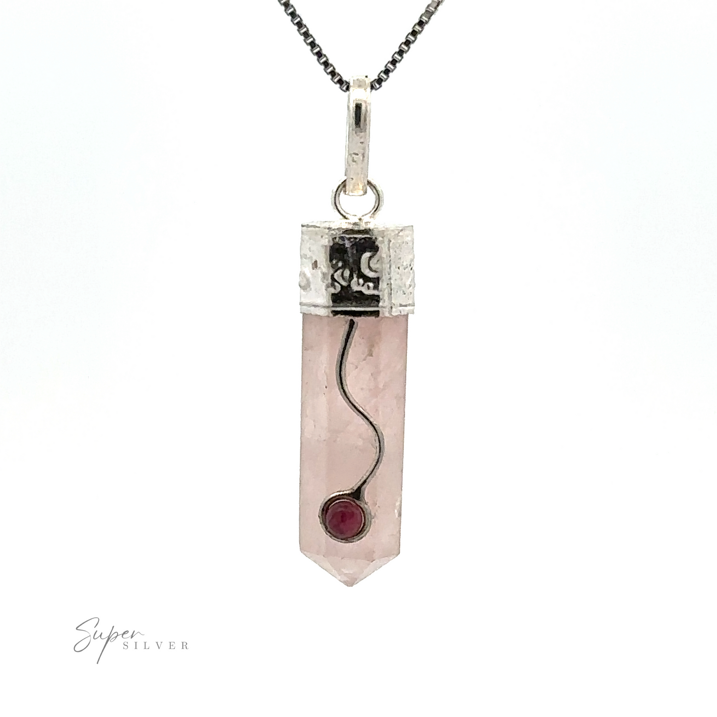 
                  
                    A Crystal Pendant with Decorative Bail, featuring a silver cap with intricate design, and a small embedded red gemstone. The pendant hangs from a thin, dark chain.
                  
                