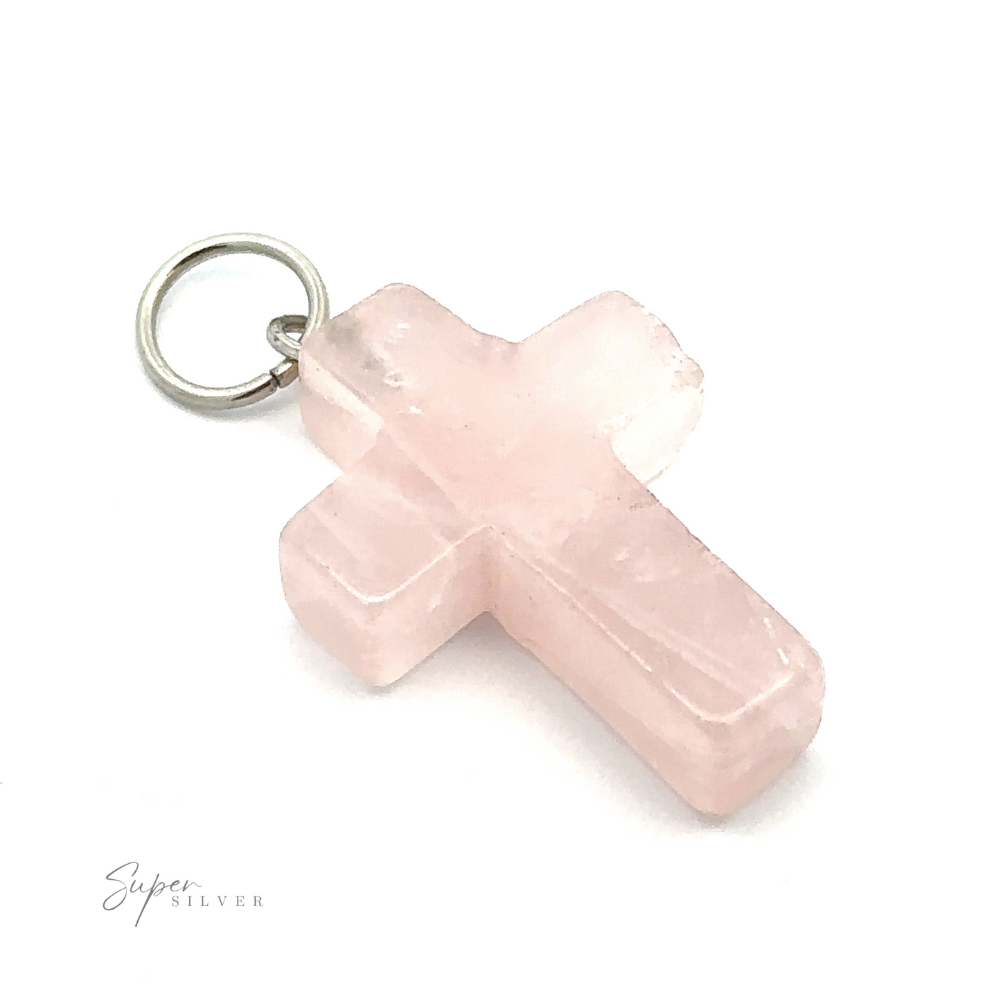 
                  
                    A Stone Cross Pendant featuring a light pink, rose quartz cross with a metal loop for attachment at the top. The stone cross has slightly rough, unpolished edges. The background is plain white.
                  
                