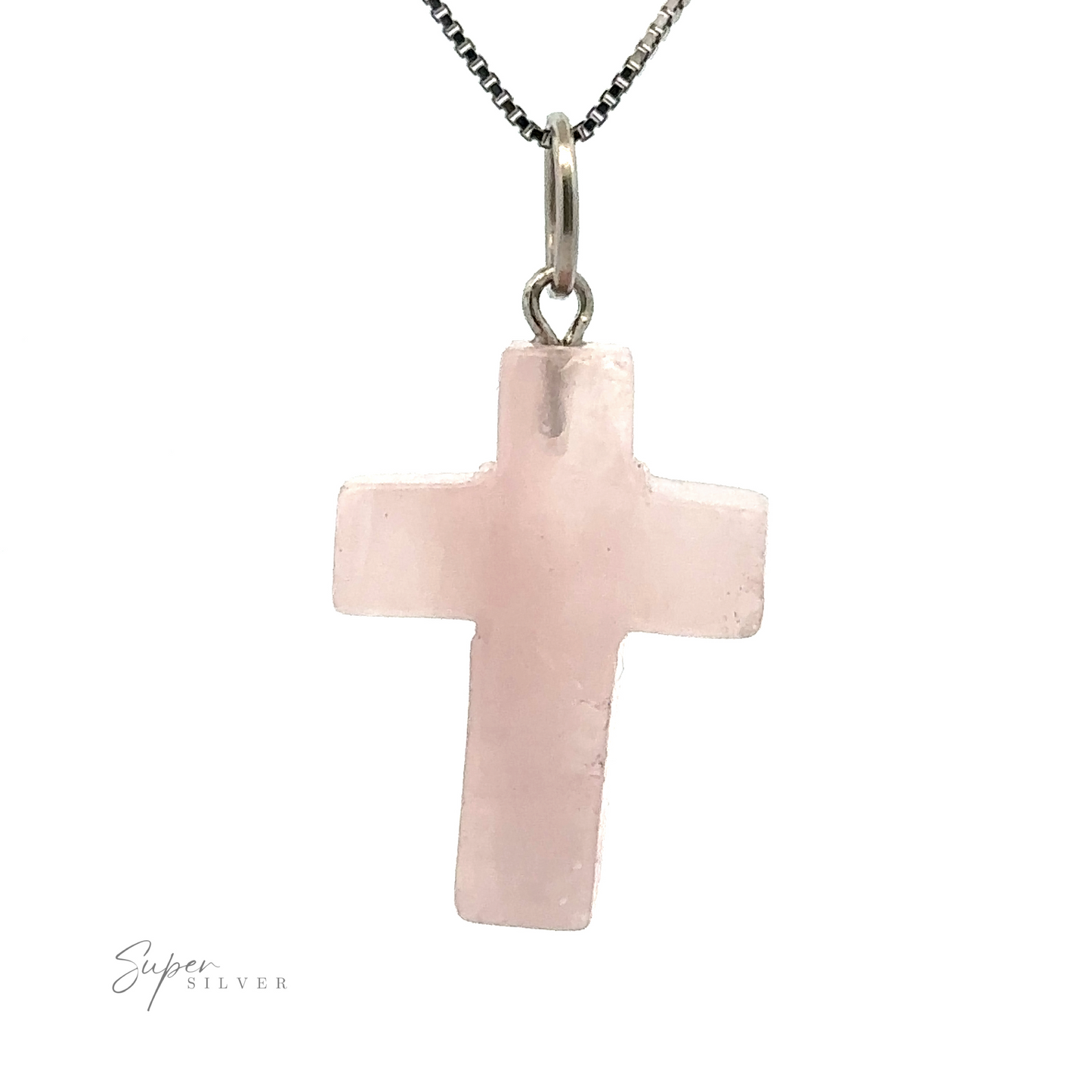 
                  
                    A Stone Cross Pendant with a pale pink rose quartz cross hanging from a silver chain. The polished stone cross features a simple design, and the text "Super Silver" is visible at the bottom left.
                  
                