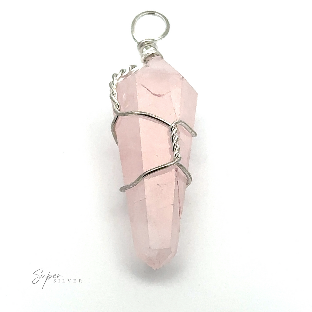 
                  
                    A Wire-Wrapped Stone Pendant wrapped with silver wire, featuring a pink crystal obelisk-shaped gemstone with a pointed end and a circular ring at the top for attaching to a chain.
                  
                