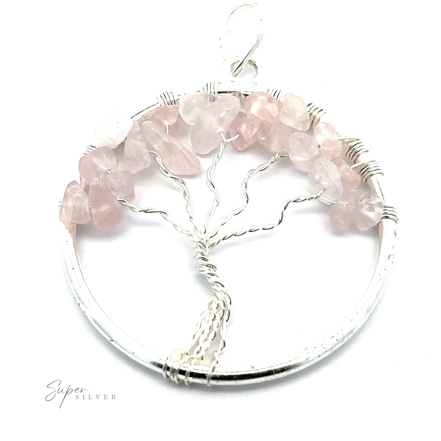 
                  
                    A silver circular Wire Wrapped Tree of Life Pendant with Stones featuring a tree design made from twisted wire and adorned with small pink gemstones. The words "Super Silver" are visible in the bottom left corner.
                  
                