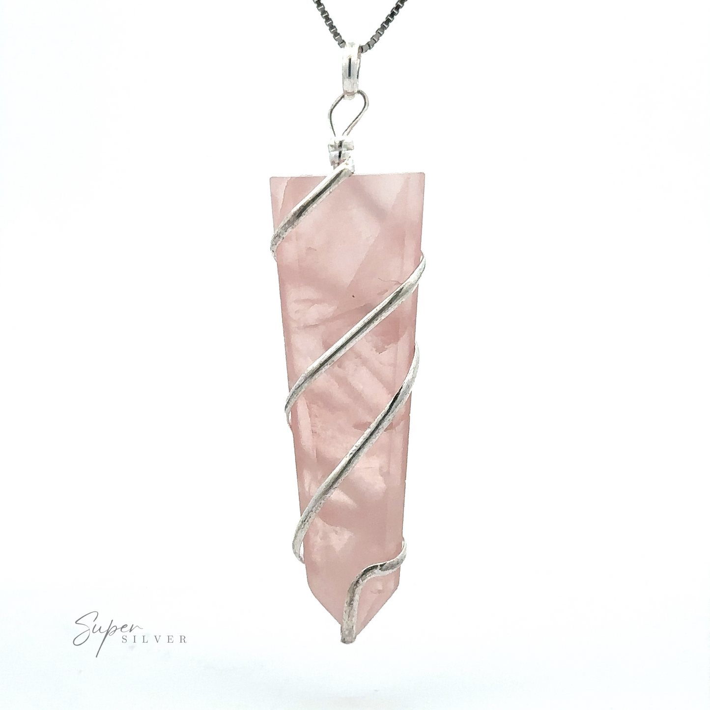 
                  
                    A Wire Wrapped Slab Pendant featuring a rose quartz crystal encased in a silver design, hanging from a thin chain, exemplifying exquisite gemstone jewelry craftsmanship.
                  
                