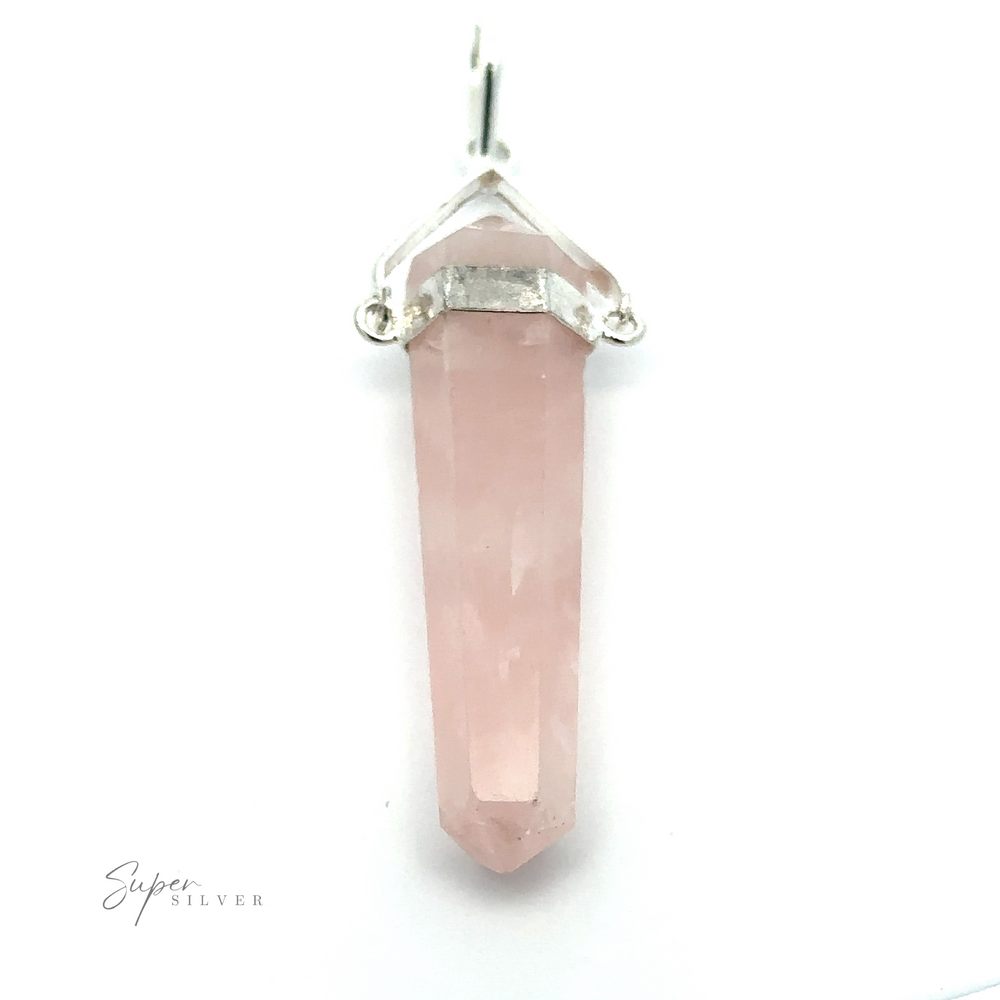 
                  
                    A rose quartz pendant with a pointed shape and silver-plated setting, displayed against a plain white background. The Raw Stone Swivel Pendant has the brand name "Super Silver" written in the bottom left corner.
                  
                