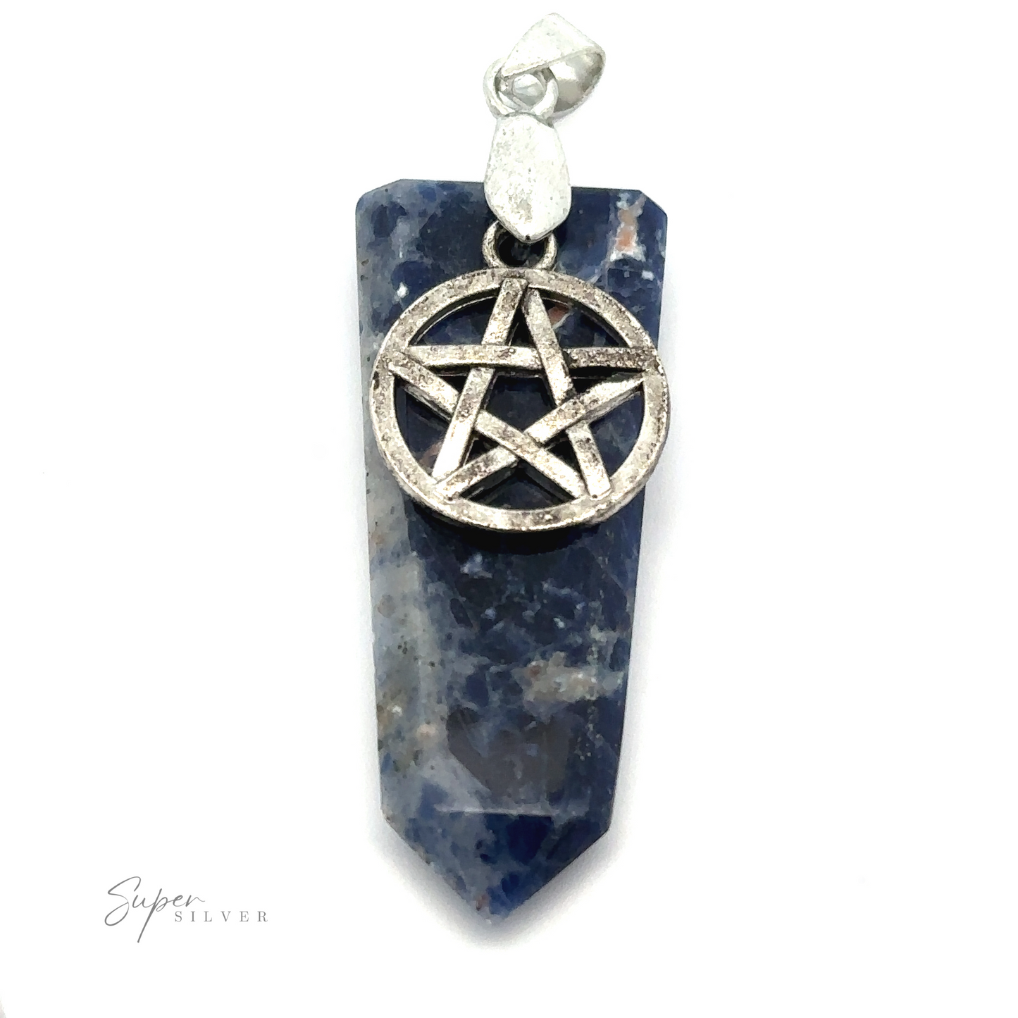 
                  
                    A Pentagram Stone Slab Pendant featuring a blue stone with white marbling and a silver pentagram charm attached at the top.
                  
                