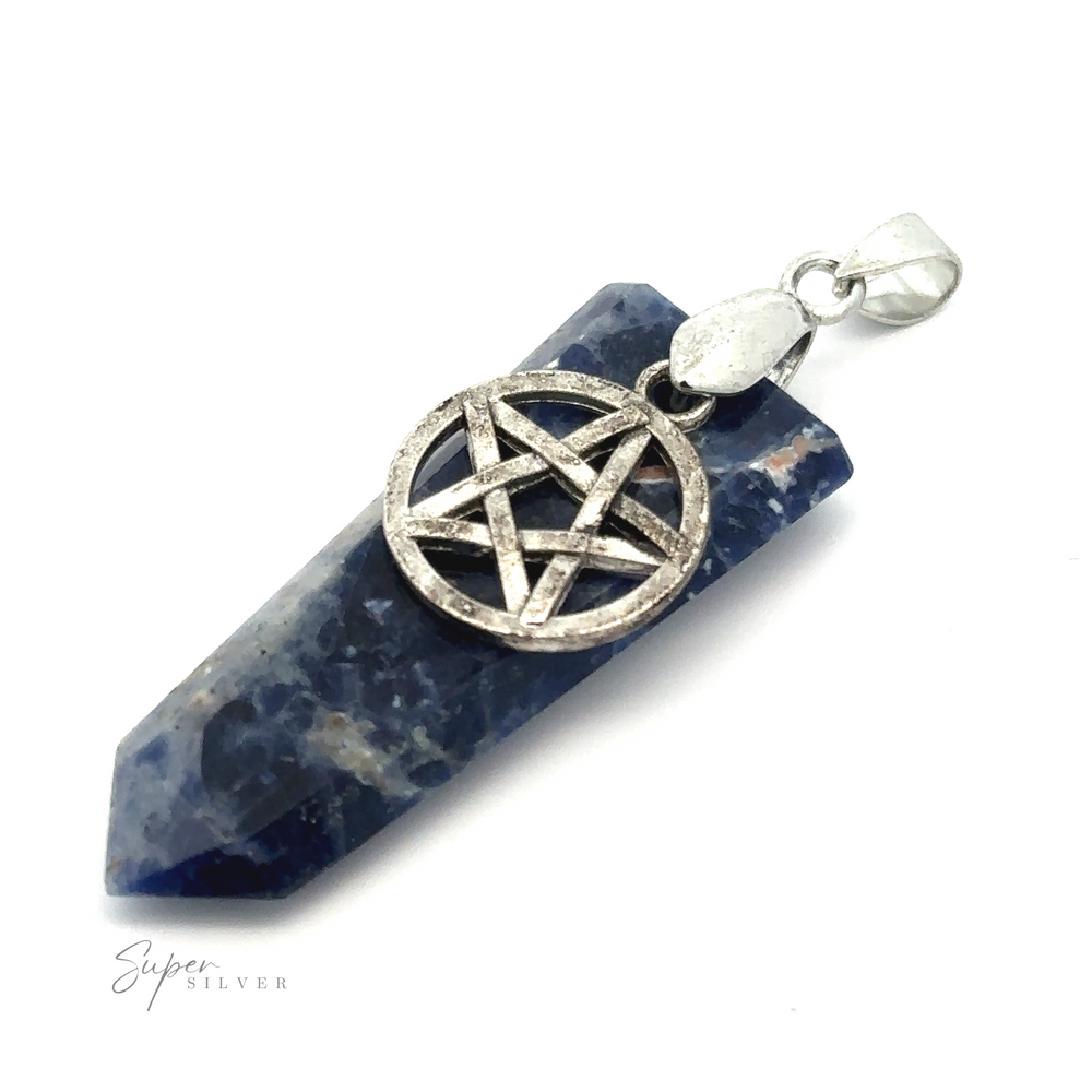 
                  
                    A **Pentagram Stone Slab Pendant** features a silver pentagram charm on top and a sleek silver bail for easy attachment to a necklace. The brand name "Super Silver" is printed in the bottom left corner, adding an elegant touch to this mixed metals design.
                  
                