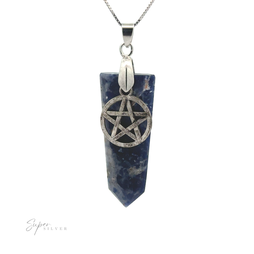 
                  
                    A Pentagram Stone Slab Pendant, featuring a blue stone with silver speckles, decorated with a silver Pentagram charm, suspended from a mixed metals chain.
                  
                